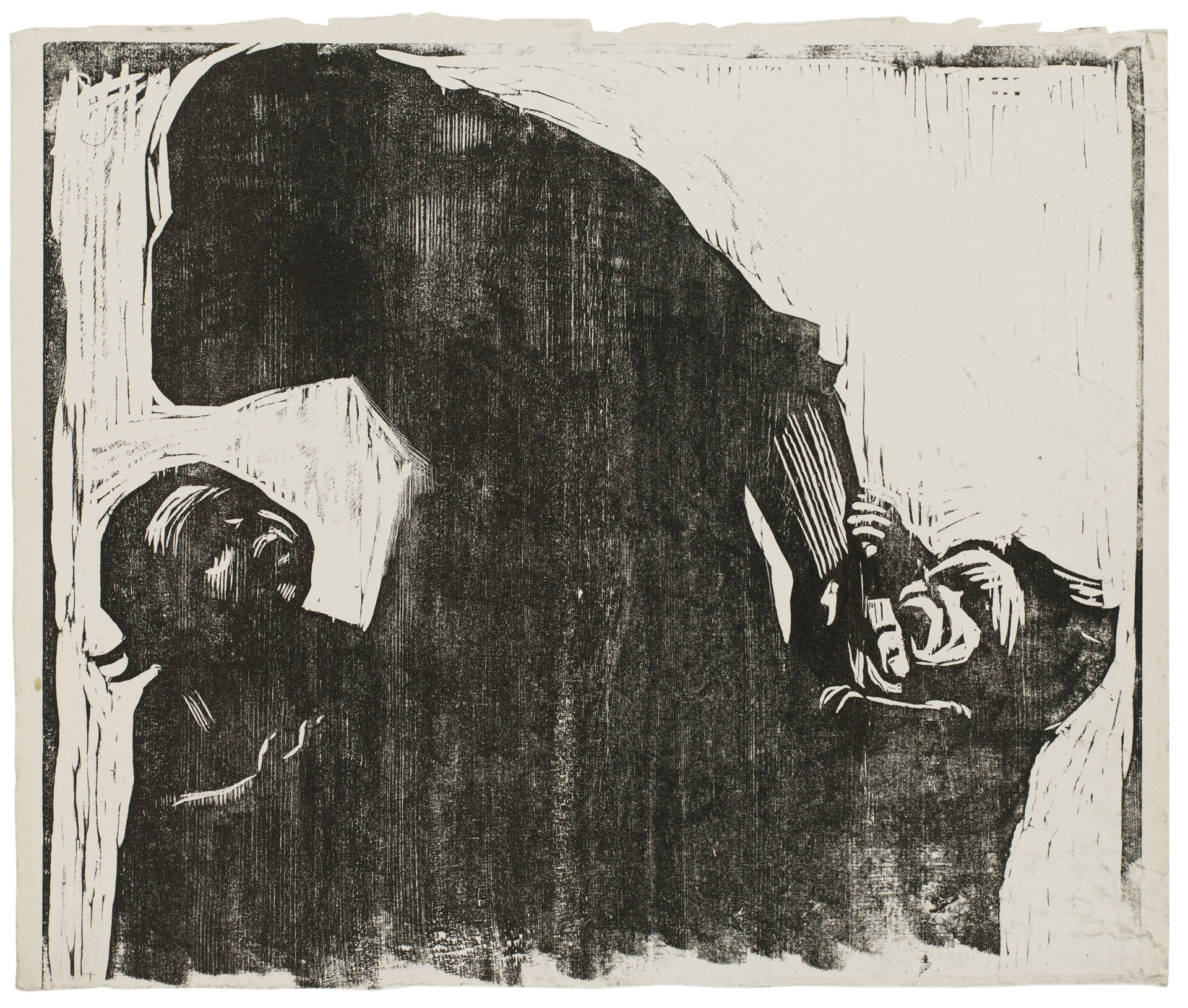 Käthe Kollwitz, Pain!, version abandonnée de la lithographie »Pain!«, 1924, gravure sur bois, Kn 207 I, Collection Kollwitz de Cologne © Käthe Kollwitz Museum Köln