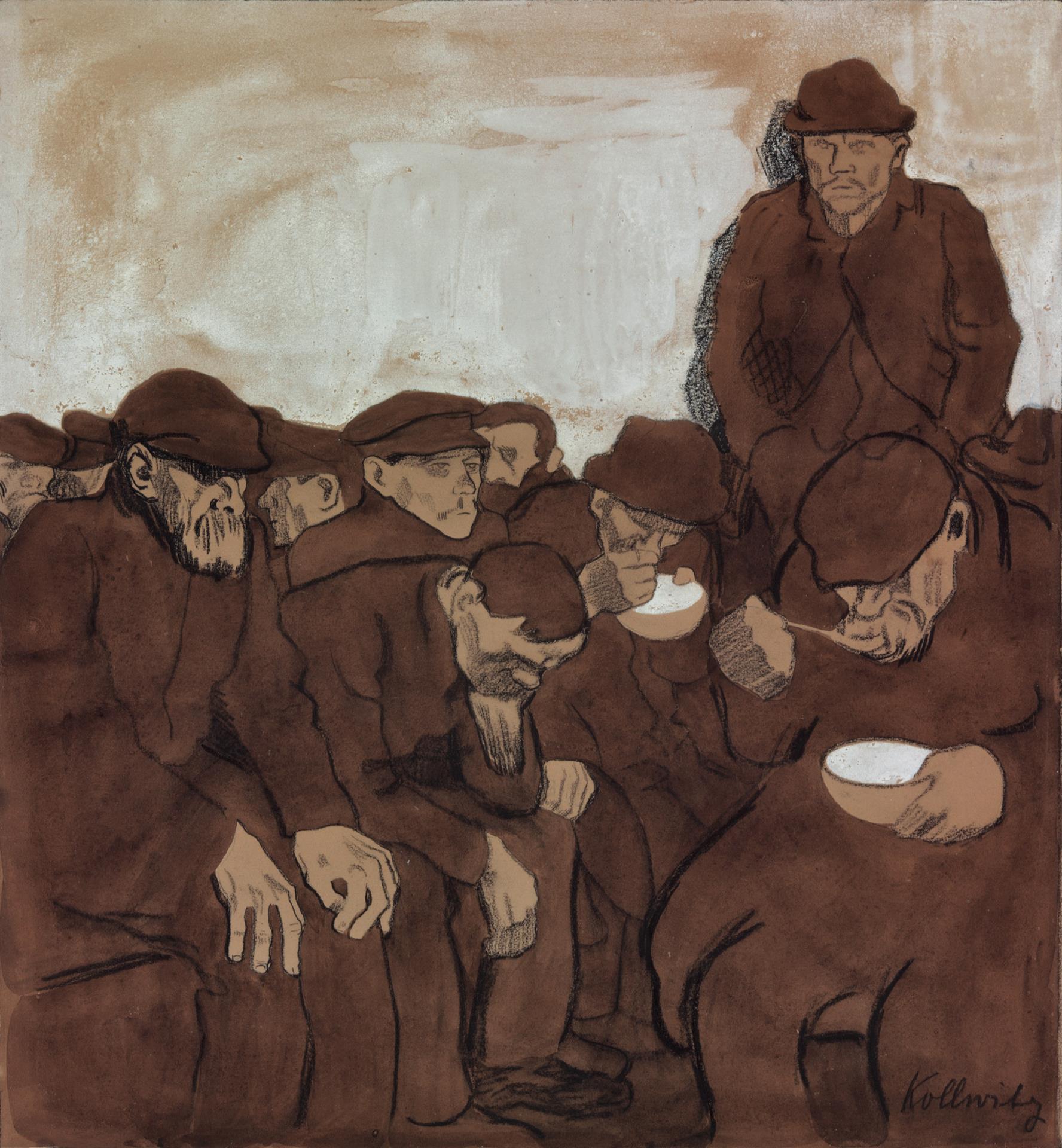 Käthe Kollwitz, Warm Shelter, 1908/1909, black crayon, pen and brush with ink and sepia on olive-green paper, white highlights in the background, NT (469a), Cologne Kollwitz Collection © Käthe Kollwitz Museum Köln