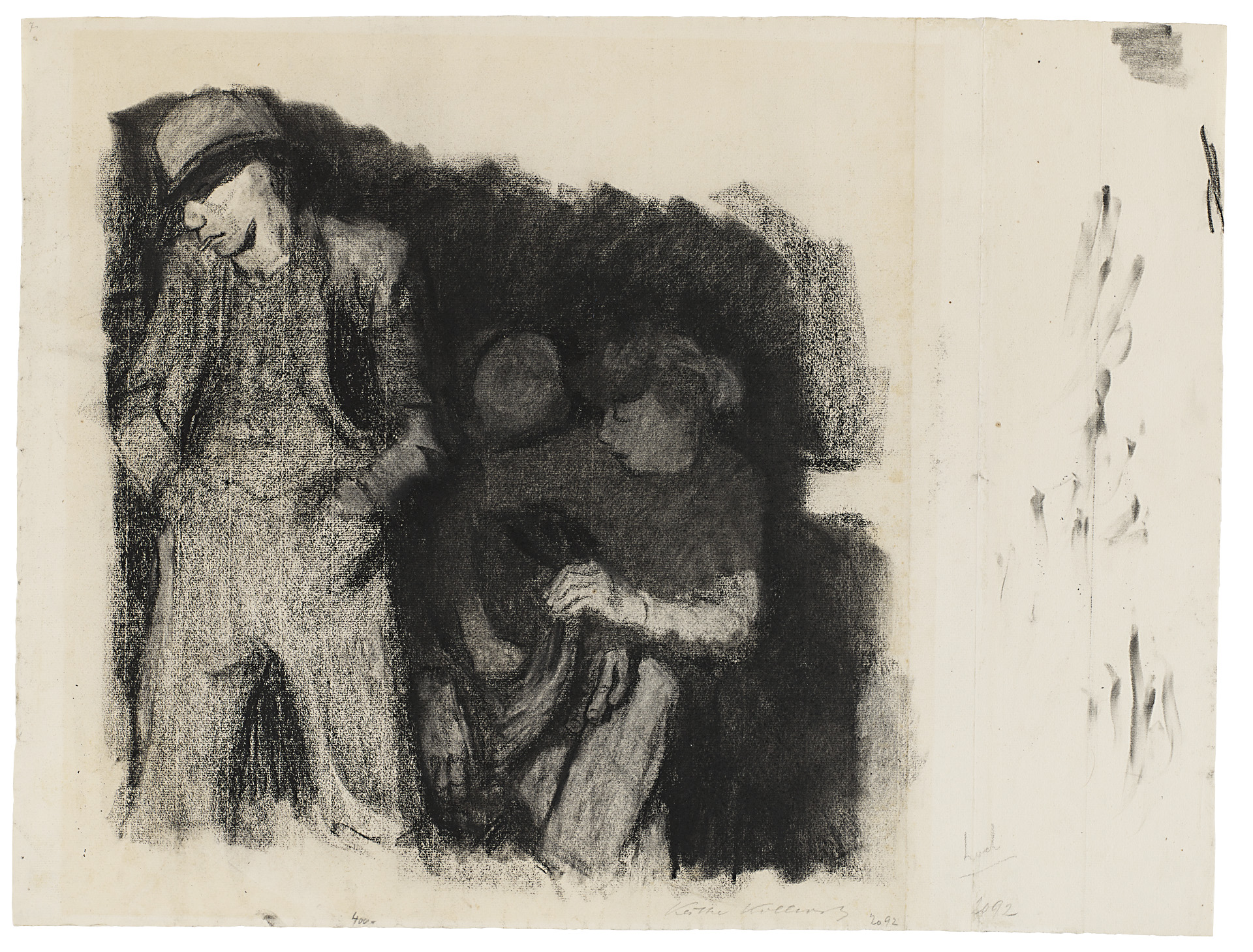 Käthe Kollwitz, Stehender Mann und sitzendes Paar, 1909, Kohle gewischt, auf Ingres-Bütten, NT 497