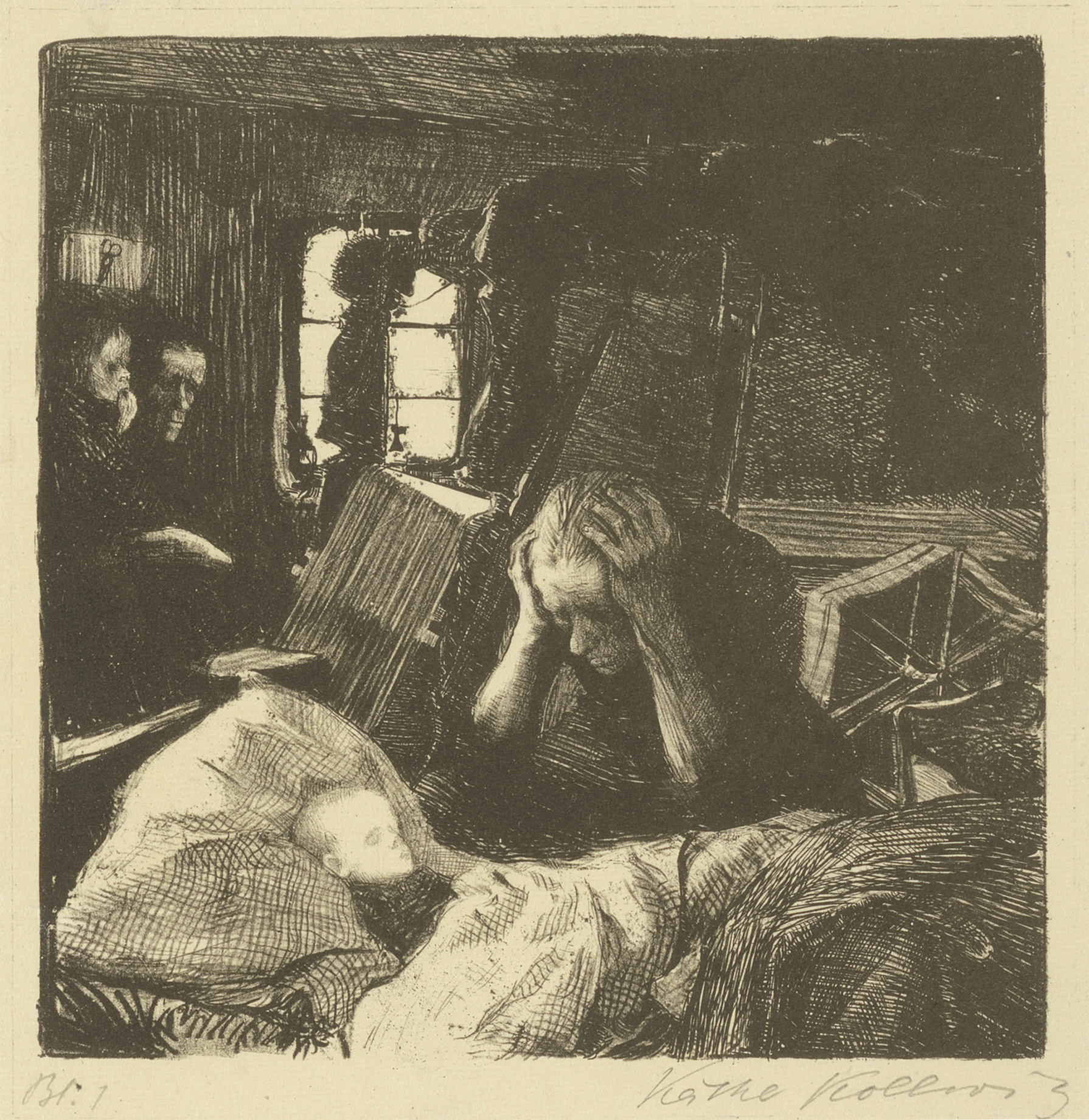 Käthe Kollwitz, Misère, planche 1 du cycle »Une Révolte des tisserands«, 1893-97, lithographie au crayon et à la plume, grattoirs, Kn 33 II