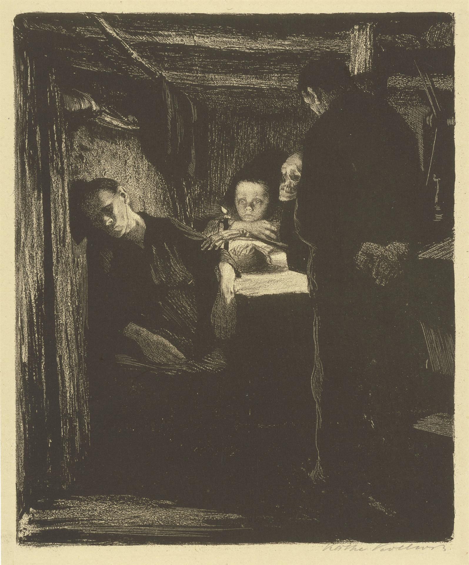 Käthe Kollwitz, Mort, planche 2 du cycle »Une Révolte des tisserands«, 1893-97, lithographie au crayon, à la plume et au pinceau, grattoirs, Kn 34 A a