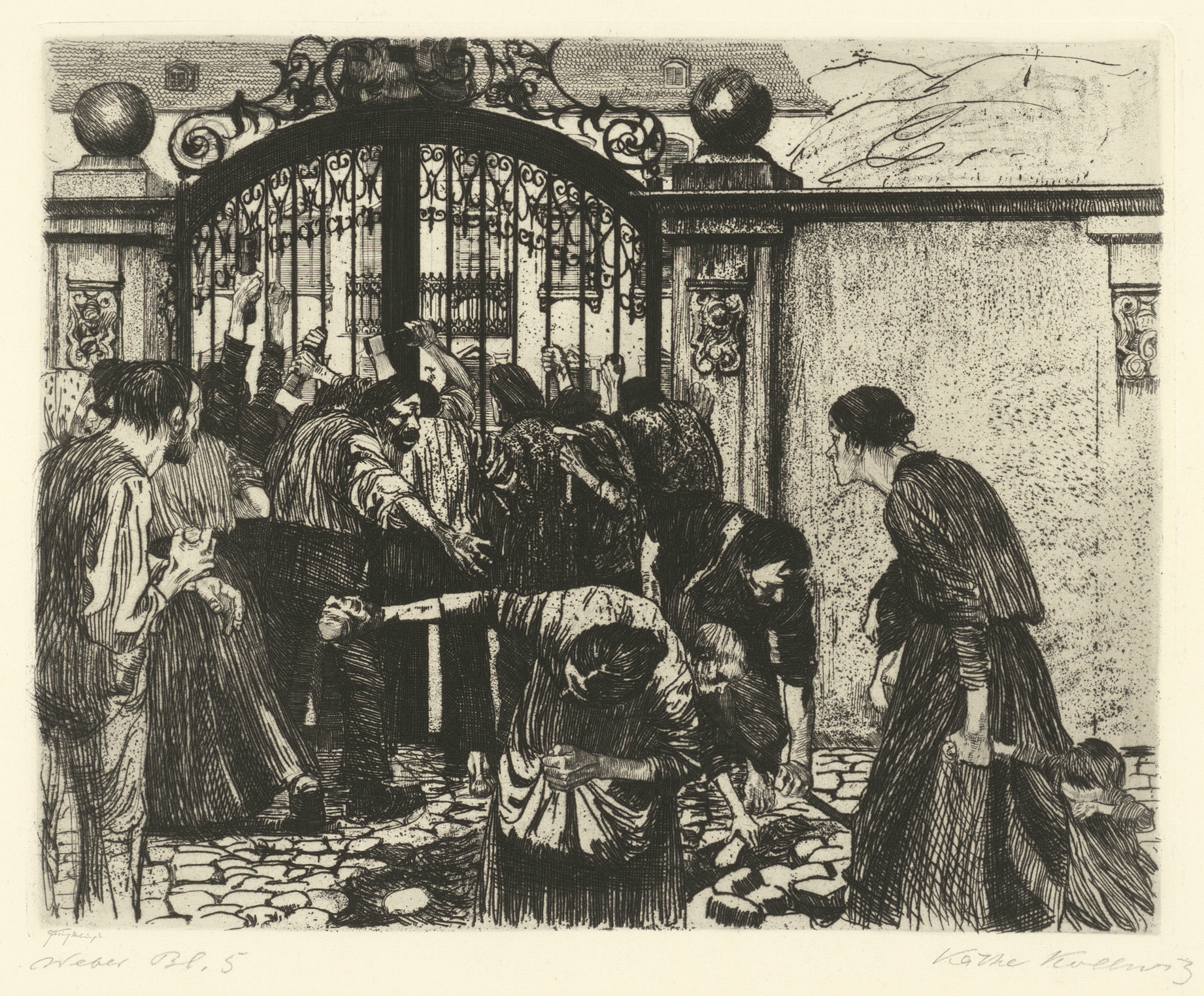 Käthe Kollwitz, Attaque, planche 5 du cycle »Une Révolte des tisserands«, 1893-97, eau-forte, émeri, Kn 37 II a