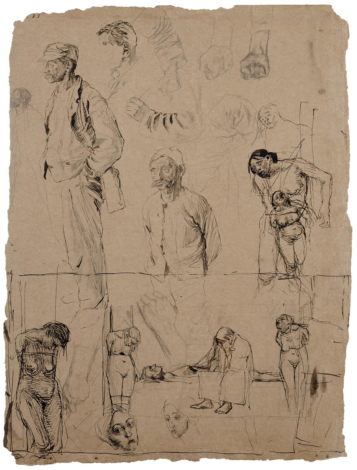 Käthe Kollwitz, sheet with studies of heads, hands and arms for the etching »March of the Weavers«, c 1896, pencil, pen and ink, washed, on brown drawing cardboard, NT 123, Cologne Kollwitz Collection © Käthe Kollwitz Museum Köln