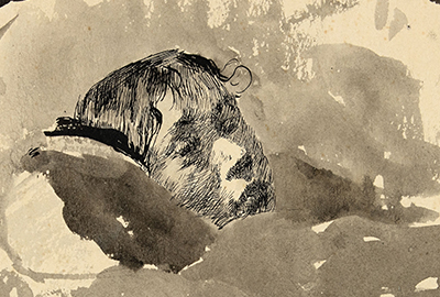 Käthe Kollwitz, Lise, die Schwester der Künstlerin im Bett, um 1890, Feder und Pinsel in Tusche, laviert, auf weißem Zeichenkarton, NT 21, Käthe Kollwitz Museum Köln, Inv Nr. 70200/24007