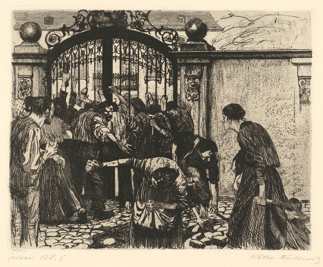 Käthe Kollwitz, Sturm,  Sturm, Bl. 5 aus dem Zyklus »Ein Weberaufstand«, 1893-1897, Strichätzung und Schmirgel, 238 x 295 mm, Kn 37 II a, Kollwitz Museum Köln, Inv. Nr. 70300/84003. 