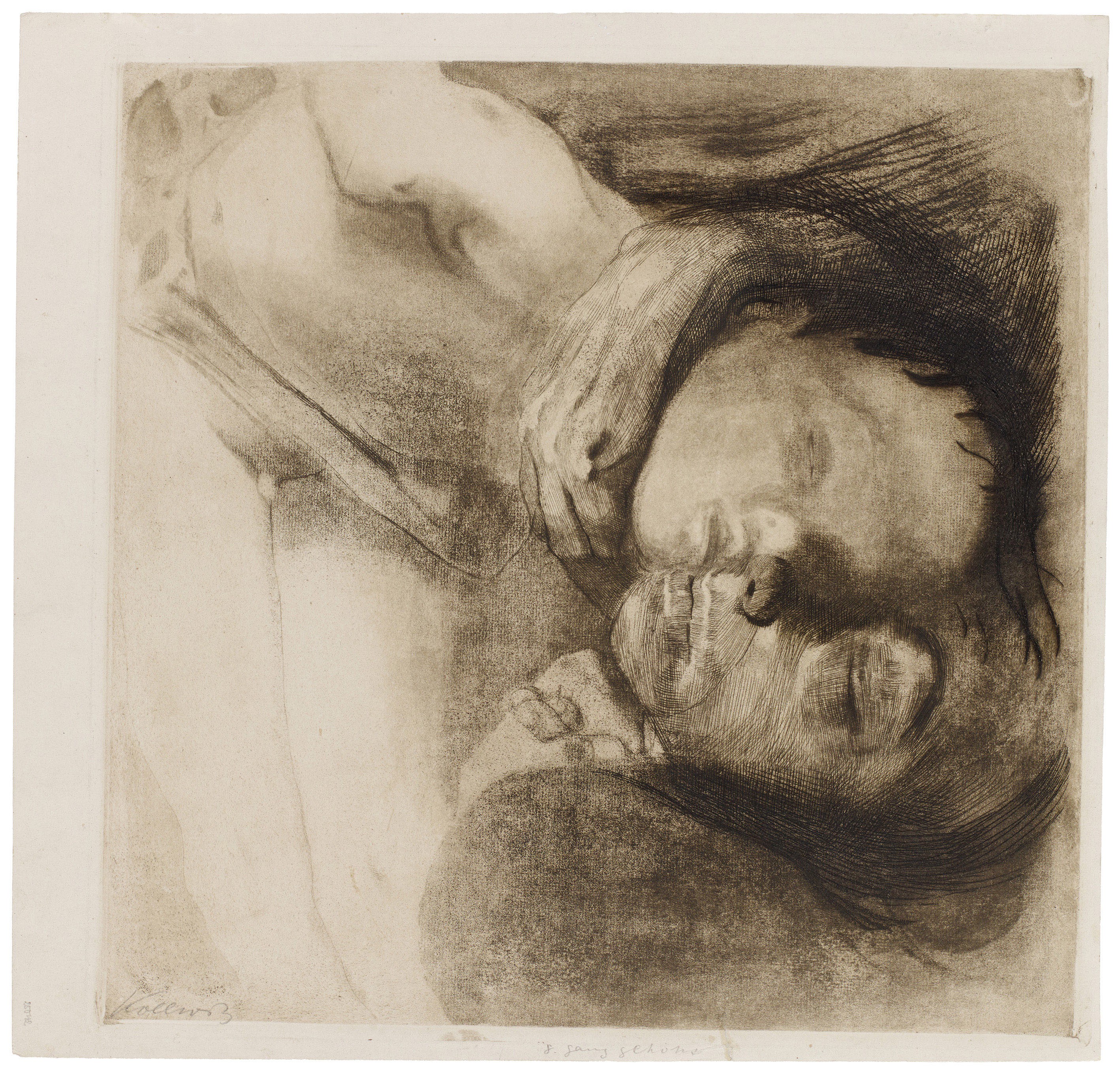 Käthe Kollwitz, Tod, Frau und Kind, 1910, Strichätzung, Kaltnadel, Schmirgel sowie Vernis mou mit Durchdruck von Bütten und Zieglerschem Umdruckpapier, 404 x 407 mm, Kn 108 XIII, Kollwitz Museum Köln, Inv. Nr. 70300/84023.