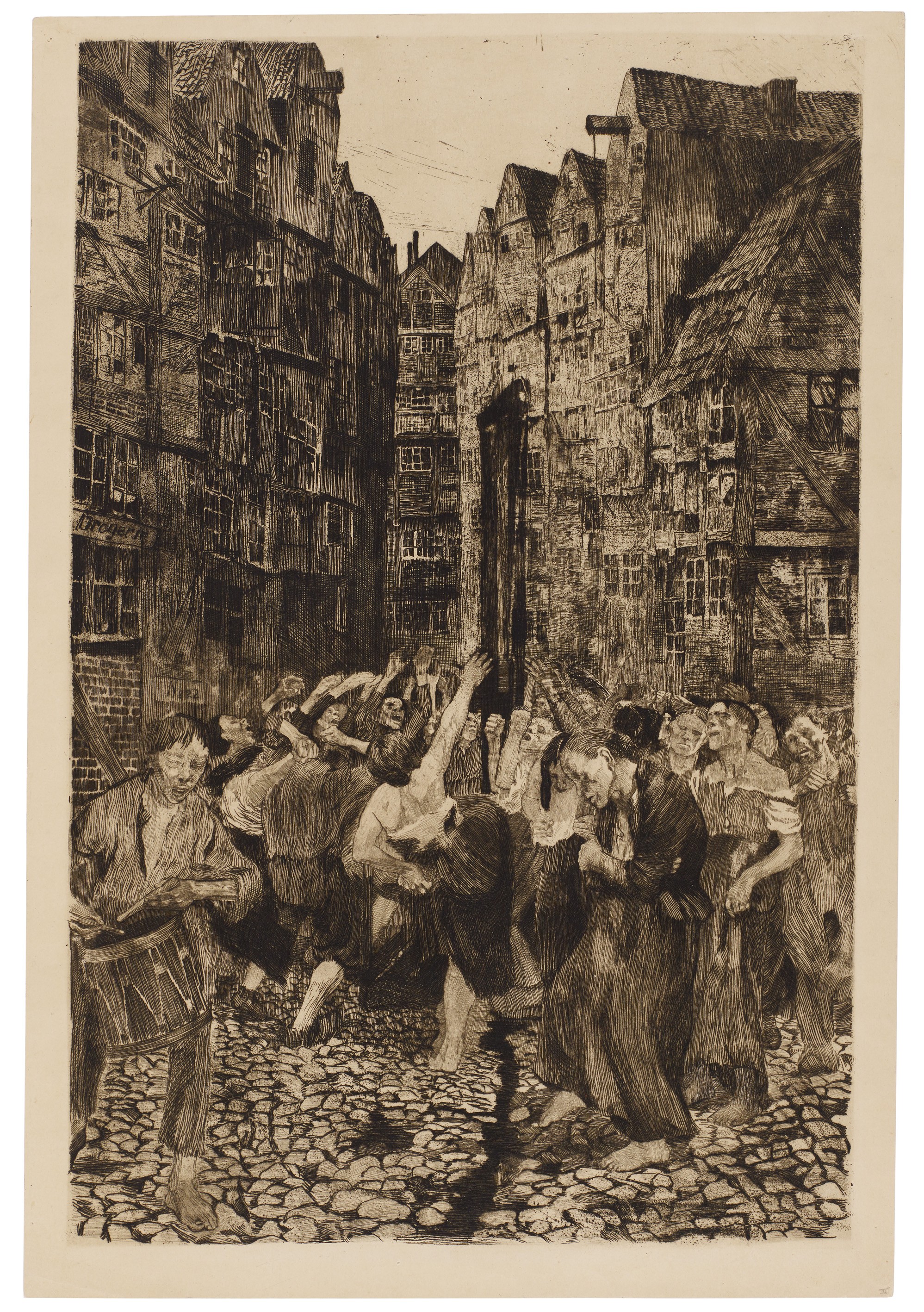 Käthe Kollwitz, Die Carmagnole, 1901, Strichätzung, Kaltnadel, Aquatinta bzw. Pinselätzung und Schmirgel, 588 x 412 mm, Kn 51 III, Kollwitz Museum Köln, Inv. Nr. 70300/96010.