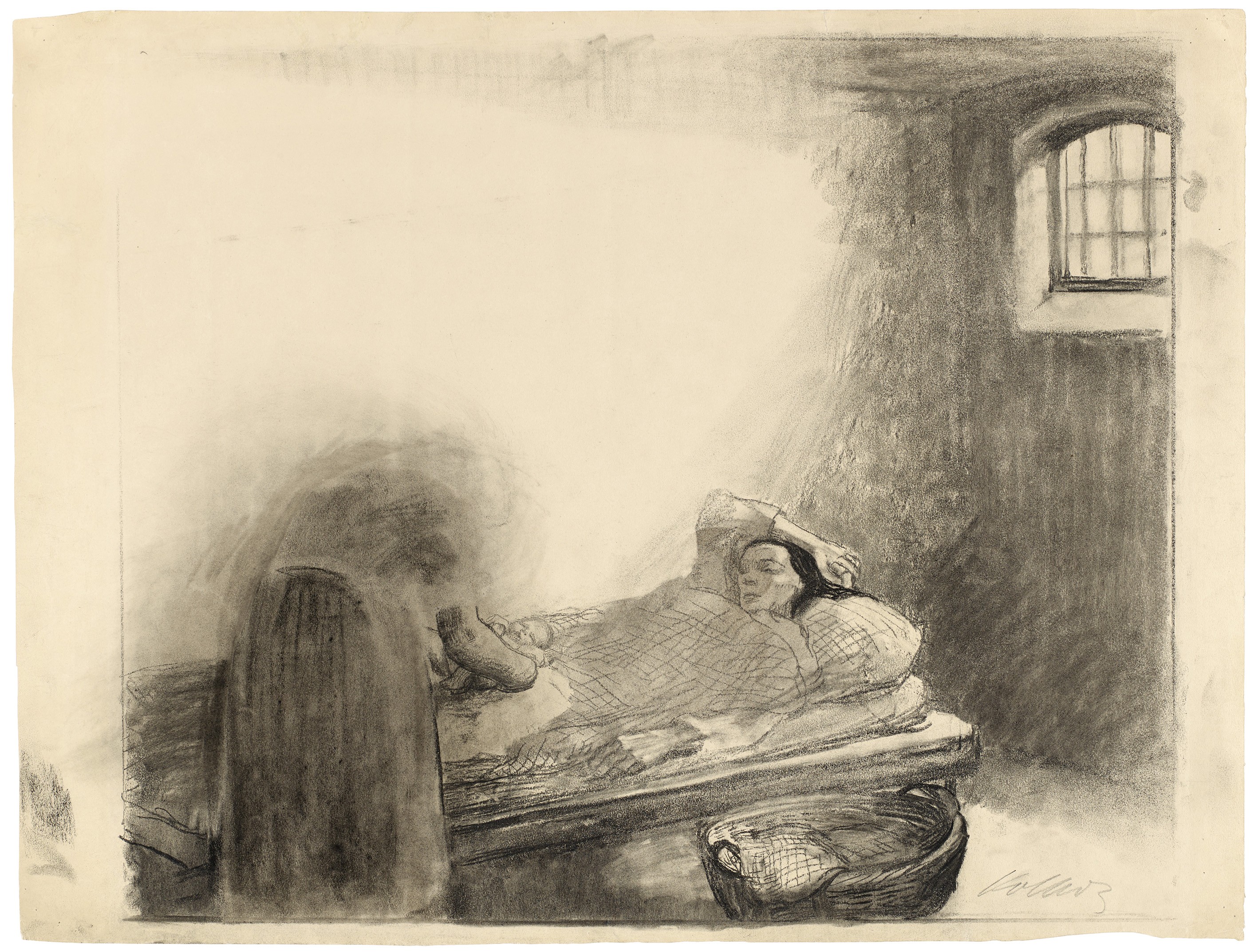 Käthe Kollwitz, Entbindung im Frauengefängnis, 1912, Schwarze Kreide, gewischt, auf Zeichenpapier, 536 x 704 mm, NT 697, Kollwitz Museum Köln, Inv. Nr. 70200/96015.