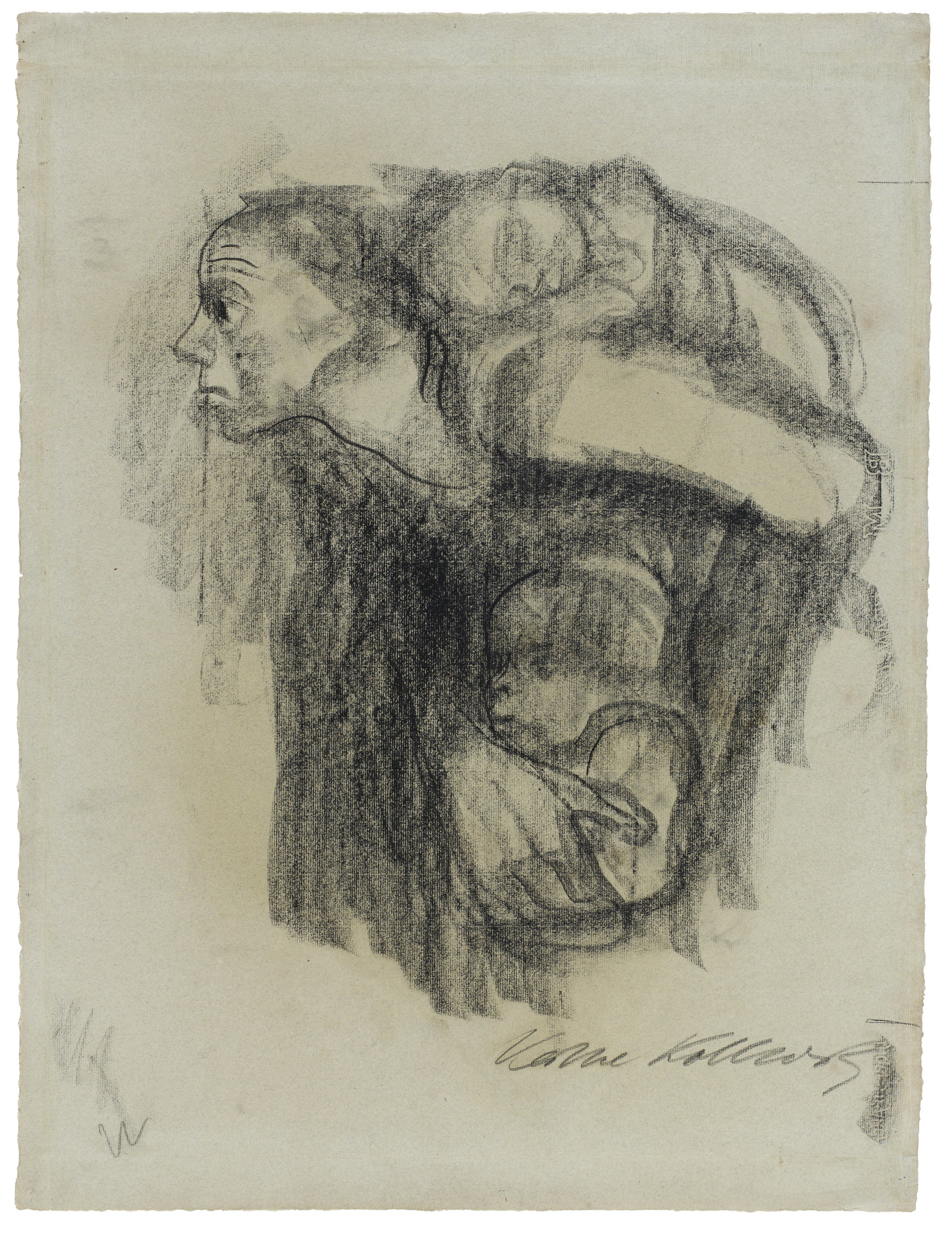 Käthe Kollwitz, Mutter mit Kind auf dem Rücken, 1923, Kohle auf graugrünem Ingres-Bütten, 628 x 478 mm, NT 1018, Kollwitz Museum Köln, 70200/02002.
