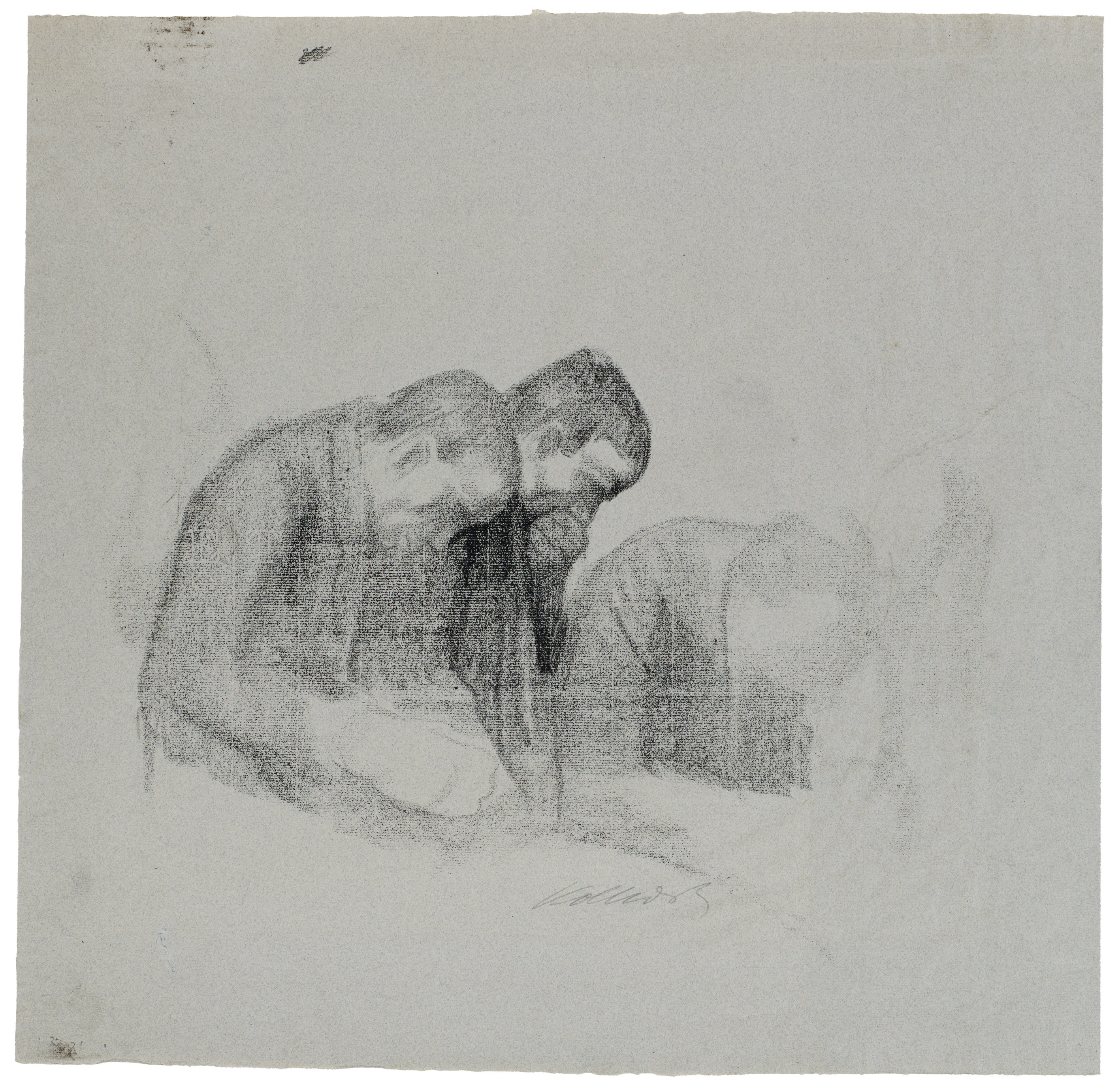 Käthe Kollwitz, Drei sich niederbeugende Männer, Studie zum Gedenkblatt für Karl Liebknecht, 1919, schwarze Kreide auf blauem Ingres-Bütten, 474 x 620 mm, NT 784, Kollwitz Museum Köln, Inv. Nr. 70200/83027.