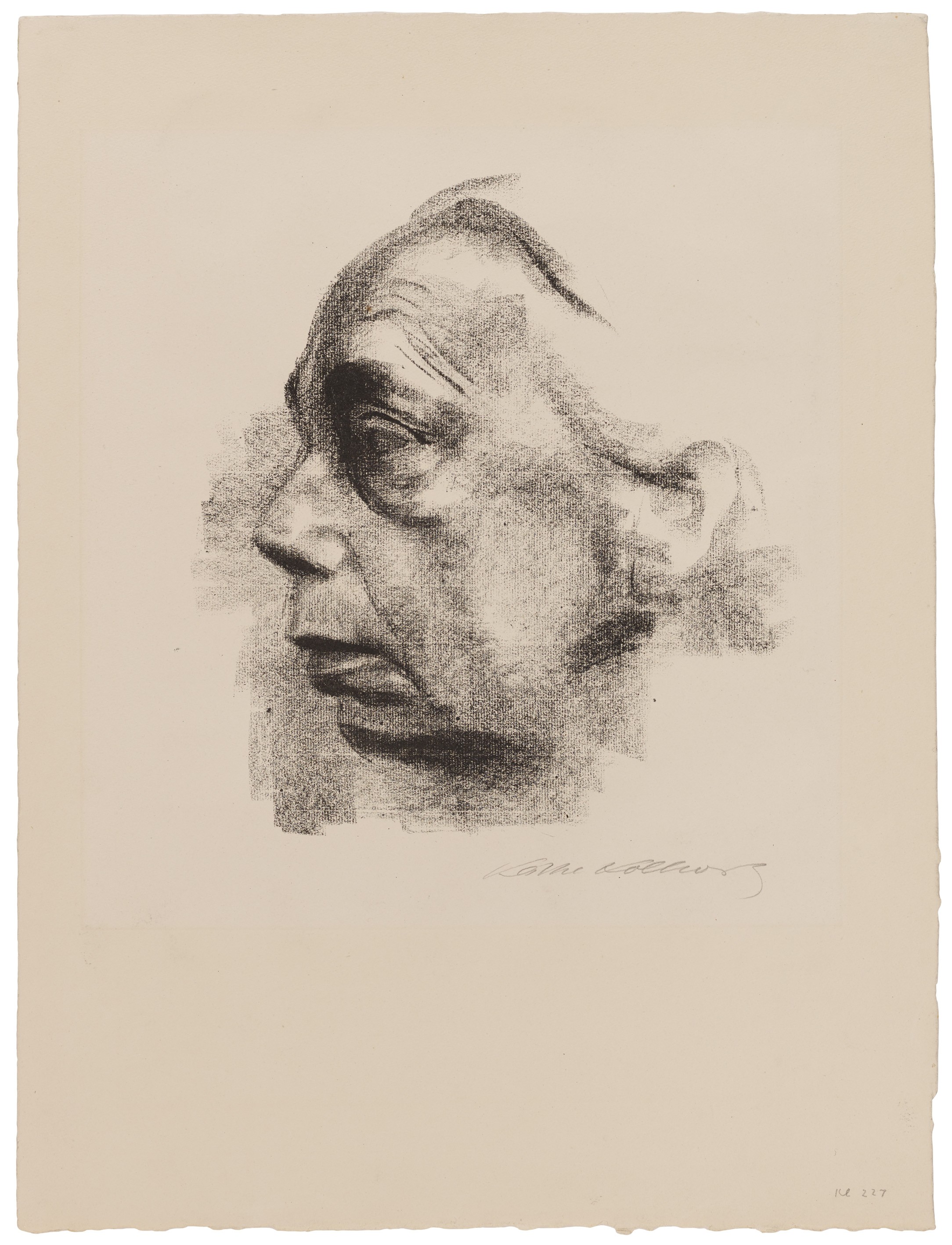 Käthe Kollwitz, Selbstbildnis im Profil, 1927, Kreidelithografie (Umdruck), 320 x 297 mm, Kn 235 a, Kollwitz Museum Köln, Inv. Nr. 70300/84045.