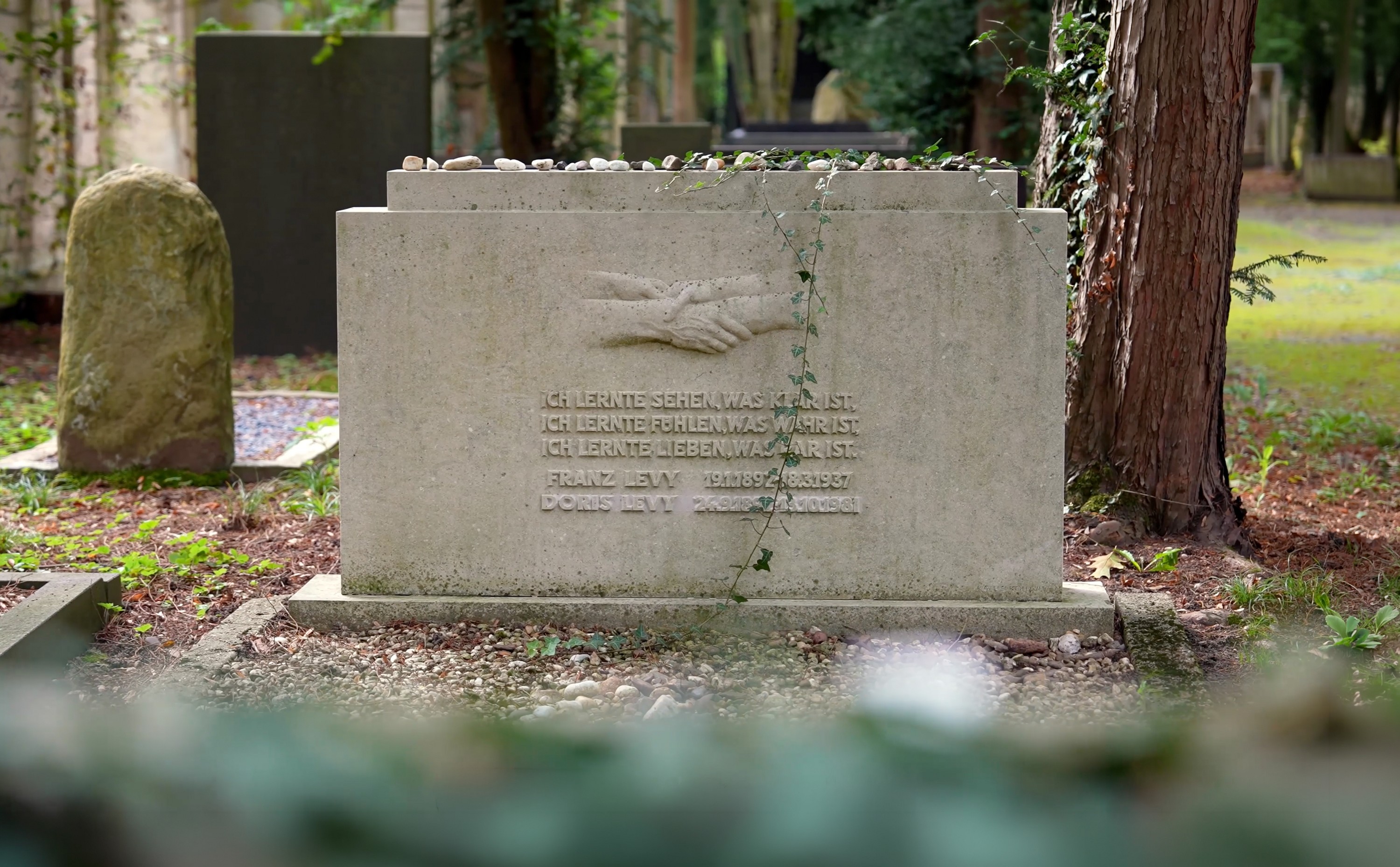 Das Foto zeigt das Grabmal der Familie Levy auf dem Jüdischen Friedhof Köln-Bocklemünd: Einen aufrecht stehenden weißen Marmorstein mit den Maßen 80 x 150 cm, darauf das Relief vier sich fassender Hände von Käthe Kollwitz. Unter dem Relief die Inschrift: »Ich lernte sehen, was klar ist / ich lernte fühlen, was wahr ist / ich lernte lieben, was rar ist«