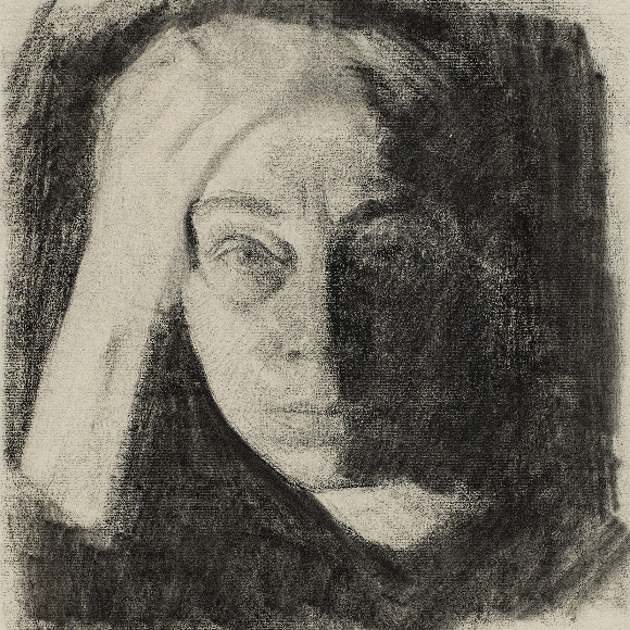 Käthe Kollwitz, Selbstbildnis en face, um 1910, Kohle auf graublauem Ingres-Papier, 427 x 310 mm, NT 688, Kollwitz Museum Köln, Inv. Nr. 70200/95016.