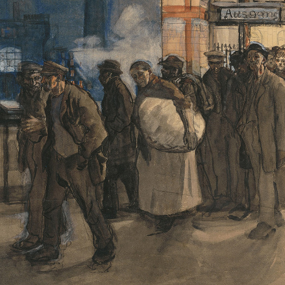 Käthe Kollwitz, Arbeiter vom Bahnhof kommend (Bf Prenzlauer Allee), 1897–99, Pinsel in Wasserfarben, weiß gehöht, 540 x 400 mm, NT 146, Kollwitz Museum Köln, Inv. Nr. 70200/97002.
