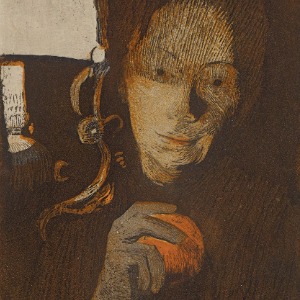 Käthe Kollwitz, Frau mit Orange, 1901, Pinsellithografie mit orange eingefärbtem Tonstein und Radierung (Aquatinta, Reservage und Kaltnadel) mit Kohle etwas überarbeitet, auf cremefarbenem Papier, 231 x 112 mm, aufgelegt auf graues, löschblattartiges Papier, Kn 56 II 2, Kollwitz Museum Köln, Inv. Nr. 70300/97001.