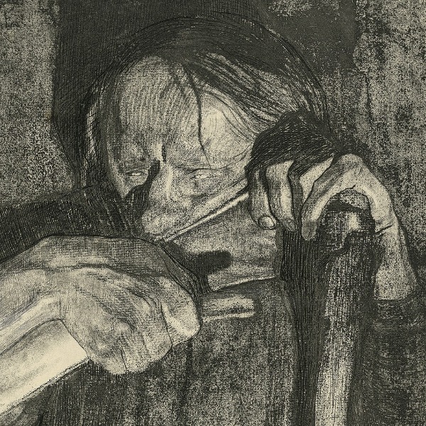 Käthe Kollwitz, Beim Dengeln, Blatt 3 aus dem Zyklus »Bauernkrieg«, 1908, Strichätzung, Kaltnadel, Schmirgel, Aquatinta und Vernis mou mit Durchdruck von Büttenpapier und Zieglerschem Umdruckpapier, 297 x 297 mm, Kn 88 X b, Kollwitz Museum Köln, Inv. Nr. 70300/23007.