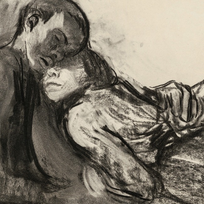 Käthe Kollwitz, Liebespaar, sich aneinander schmiegend, 1909/10, Kohle, gewischt, auf grauem Ingres-Bütten,  560 x 482 mm, NT 559, Kollwitz Museum Köln, Inv. Nr. 70200/ 90041.
