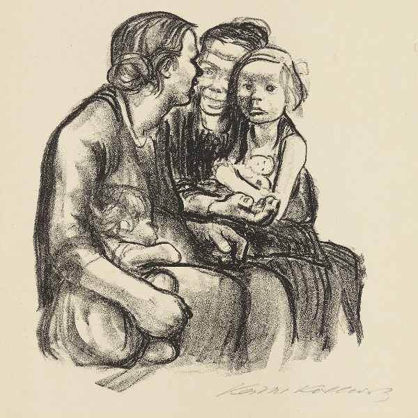 Käthe Kollwitz, Zwei schwatzende Frauen mit zwei Kindern, endgültige Fassung, 1930, Kreidelithografie (Umdruck), 298 x 260 mm, Kn 250 c, Kollwitz Museum Köln, Inv. Nr. 70300/84048.