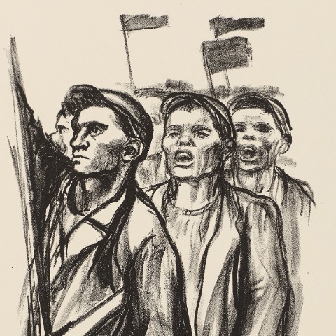 Käthe Kollwitz, Demonstration, endgültige Fassung, 1931, Kreidelithografie (Umdruck), 369 x 257 mm, Kn 252 II c, Kollwitz Museum Köln, Inv. Nr. 70300/92006.