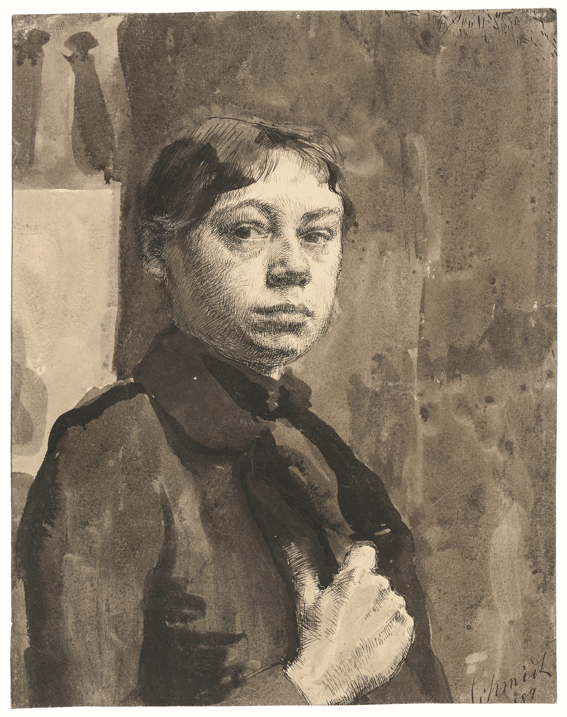 Käthe Kollwitz, Selbstbildnis, 1889, Feder in Tusche und Pinsel in Sepia, auf Zeichenkarton, 310 x 243 mm, NT 12, Kollwitz Museum Köln, Inv. Nr. 70200/00013.