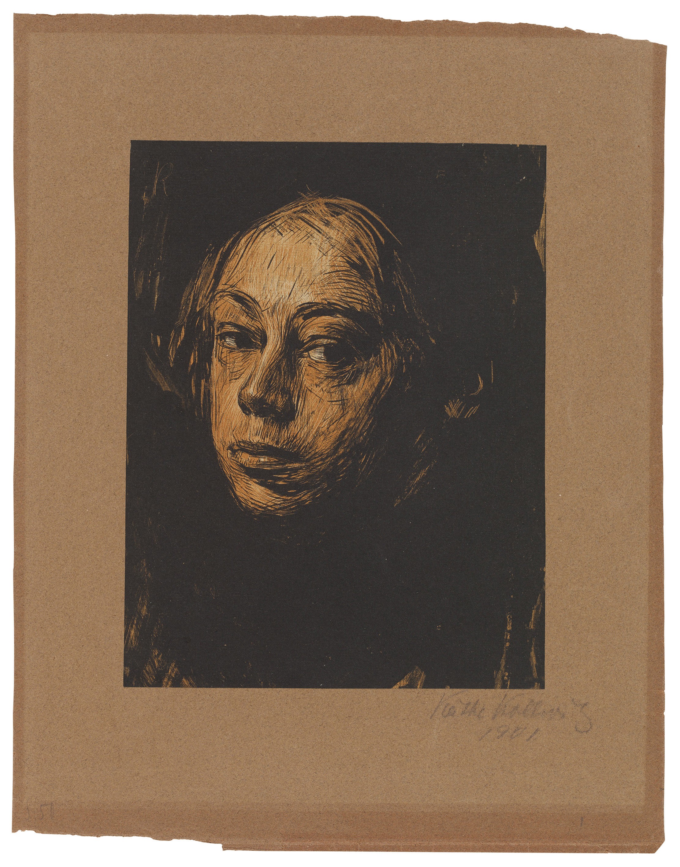 Käthe Kollwitz, Selbstbildnis nach links, 1901, Pinsel- und Federlithografie in bis zu zwei Farben, mit Schabeisen und Schabnadel im Zeichenstein und dem braundruckenden Tonstein, 271 x 205 mm, Kn 52 I, Kollwitz Museum Köln, Inv. Nr. 70300/91004.