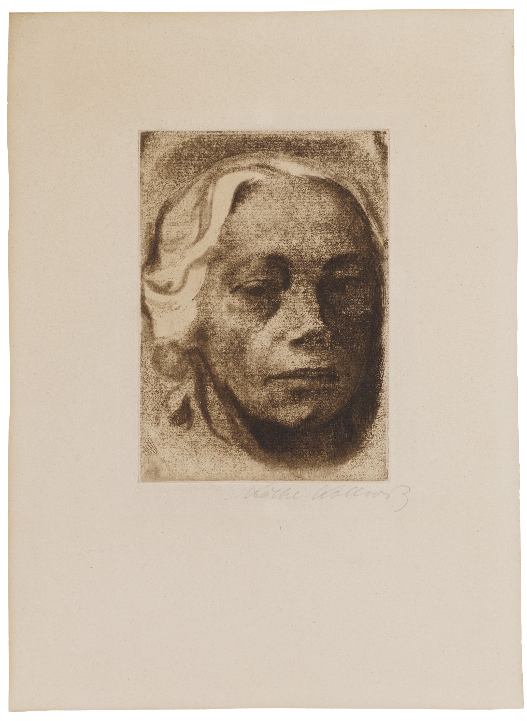 Käthe Kollwitz, Selbstbildnis, 1912, Strichätzung, Kaltnadel sowie Vernis mou mit Durchdruck von Bütten und Zieglerschem Umdruckpapier, 140 x 100 mm, Kn 126 VII b 2, Kollwitz Museum Köln, Inv. Nr. 70300/84024.