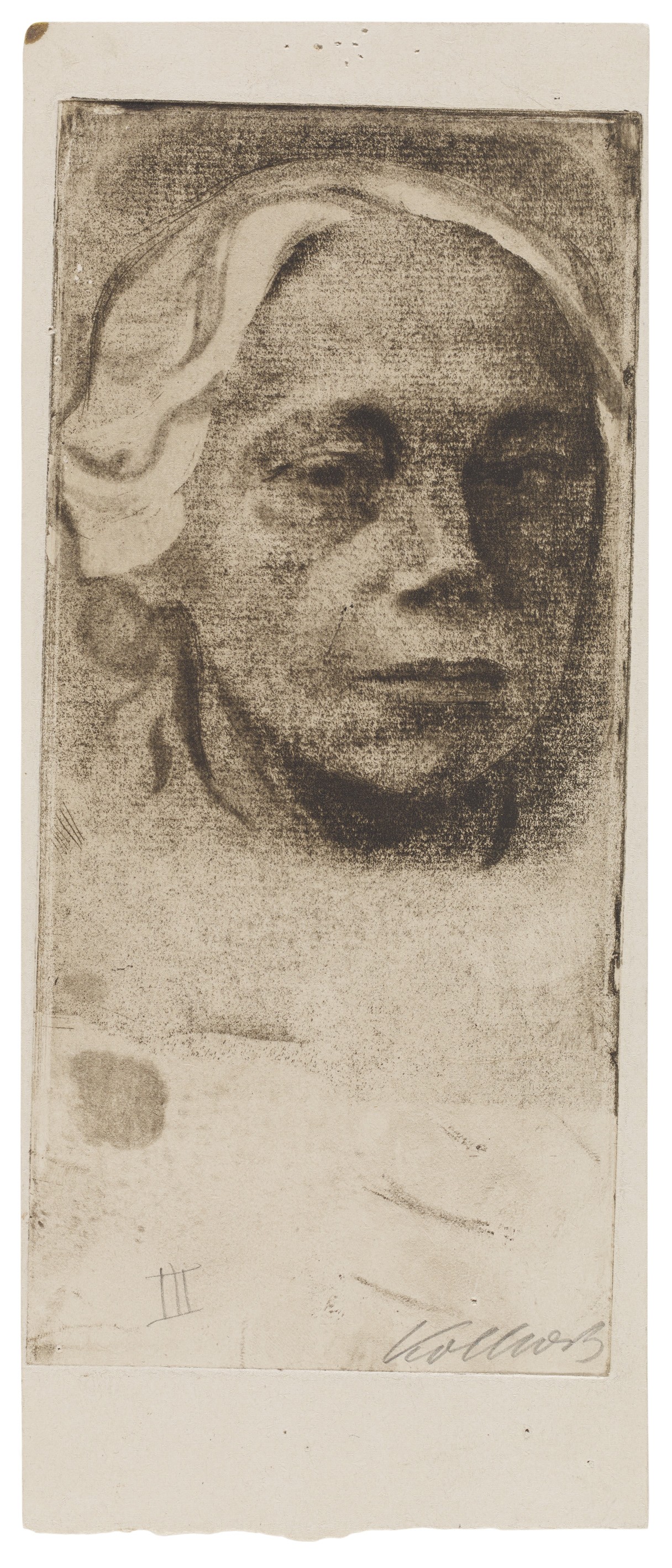 Käthe Kollwitz, Selbstbildnis, 1912, Strichätzung, Kaltnadel sowie Vernis mou mit Durchdruck von Bütten und Zieglerschem Umdruckpapier, 217 x 100 mm, Kn 126 III, Kollwitz Museum Köln, Inv. Nr. 70300/03017.