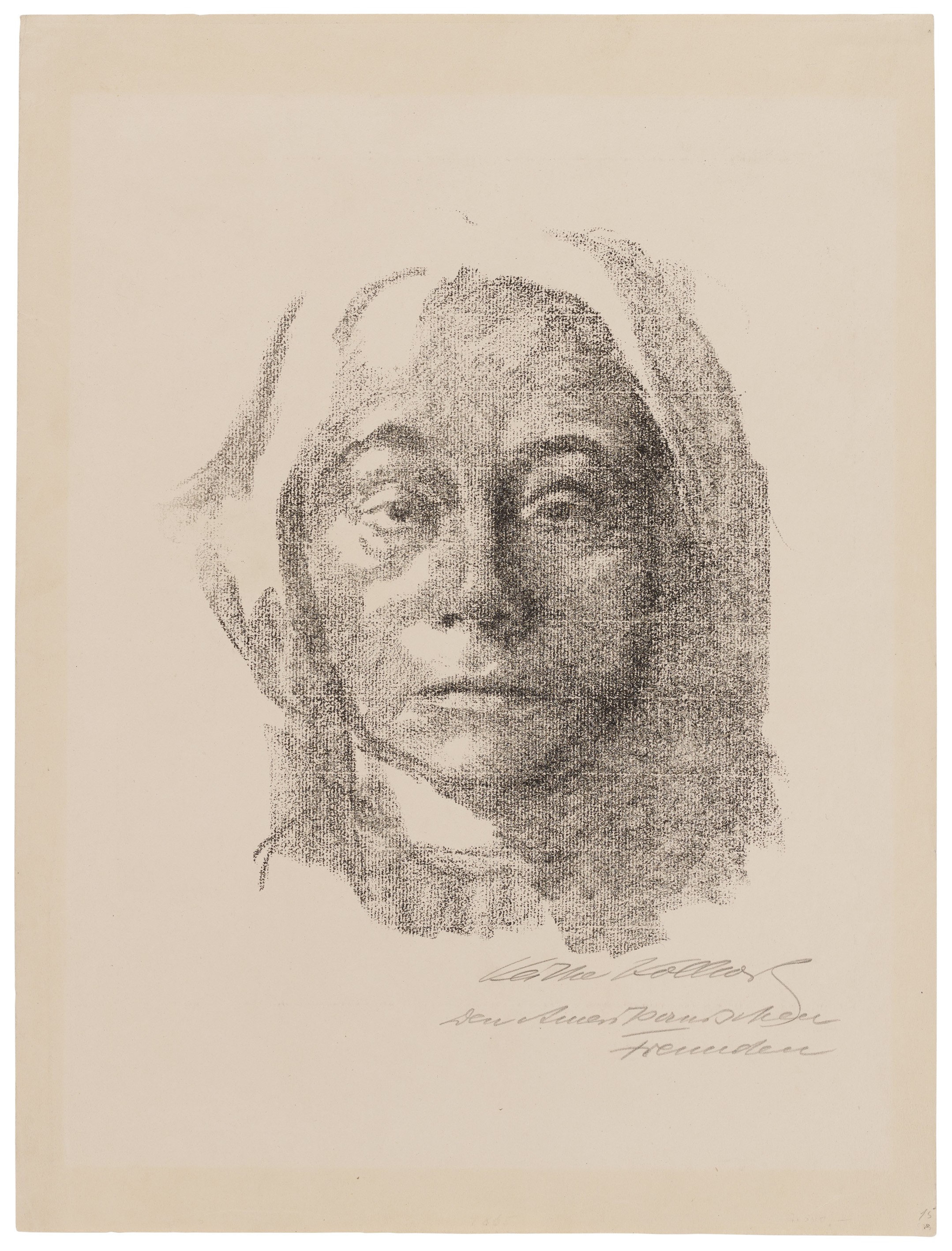 Käthe Kollwitz, Selbstbildnis, 1915, Kreidelithografie (Umdruck), 272 x 238 mm, Kn 134 e, Kollwitz Museum Köln, Inv. Nr. 70300/86028.