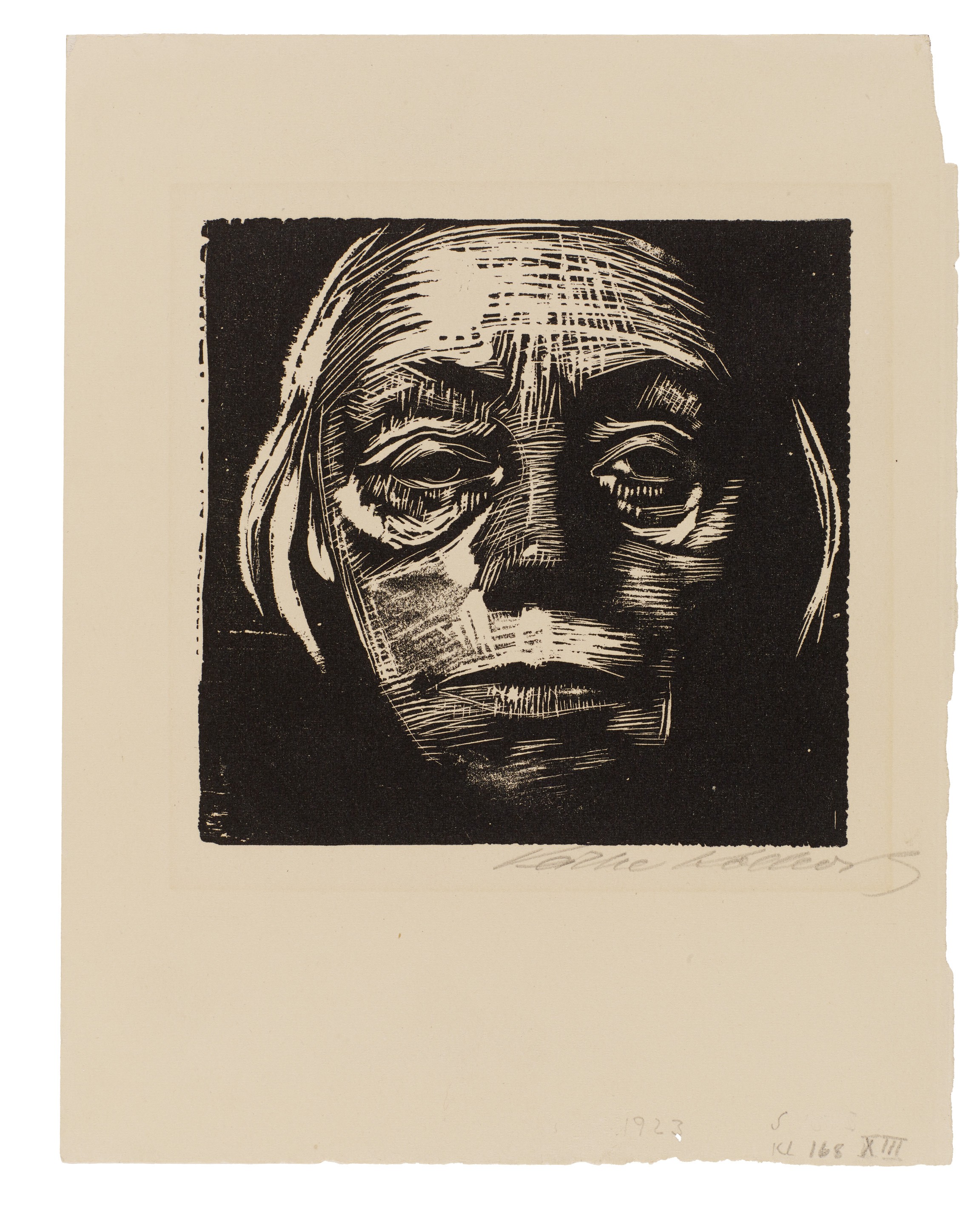 Käthe Kollwitz, Selbstbildnis von vorn, 1922/23, Holzschnitt, 151 x 156 mm, Kn 193 XIV b, Kollwitz Museum Köln, Inv. Nr. 70300/84032.