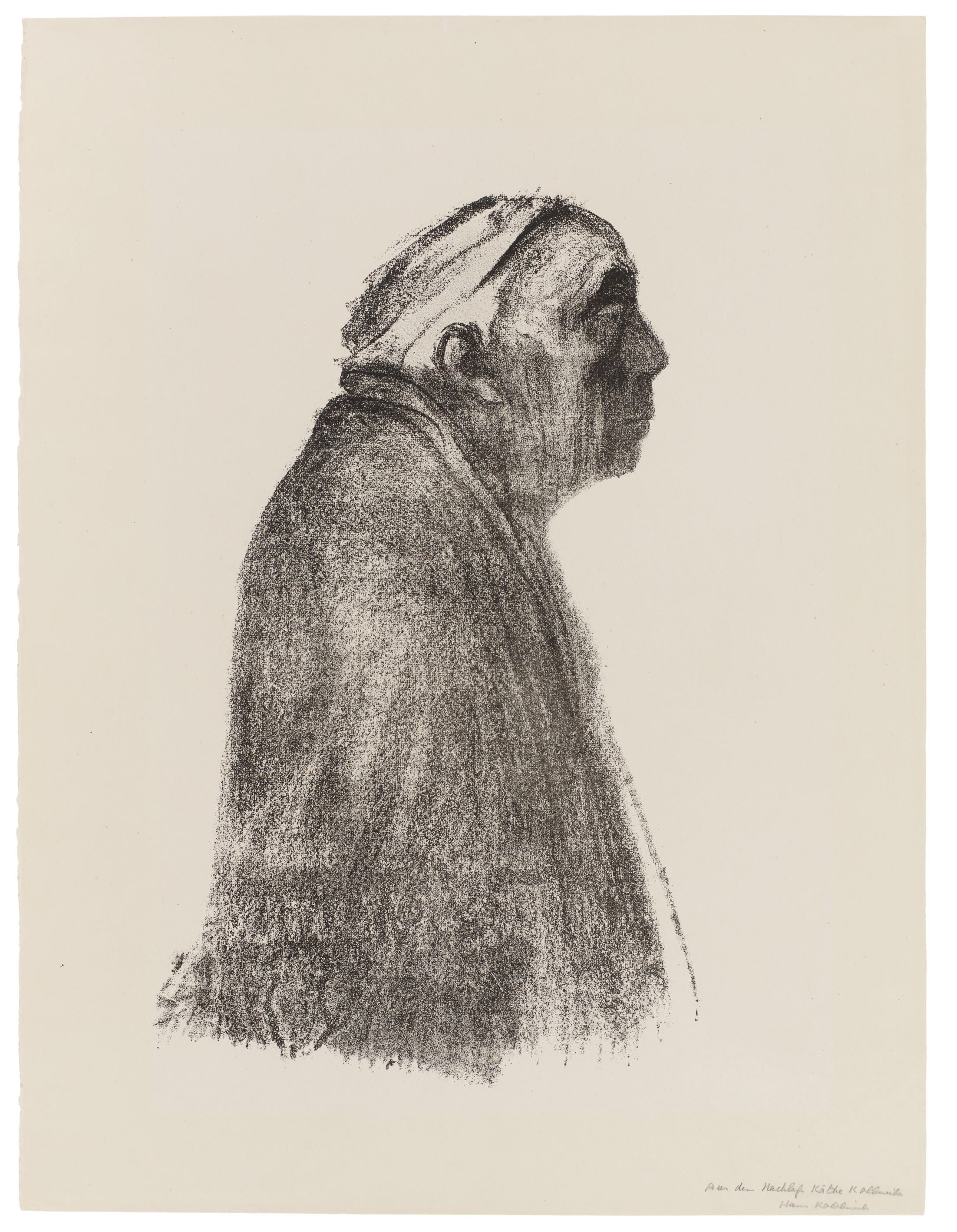 Käthe Kollwitz, Selbstbildnis im Profil nach rechts, 1938, Kreidelithografie (Umdruck), 475 x 290 mm, Kn 273 III b, Kollwitz Museum Köln, Inv. Nr. 70300/89001.