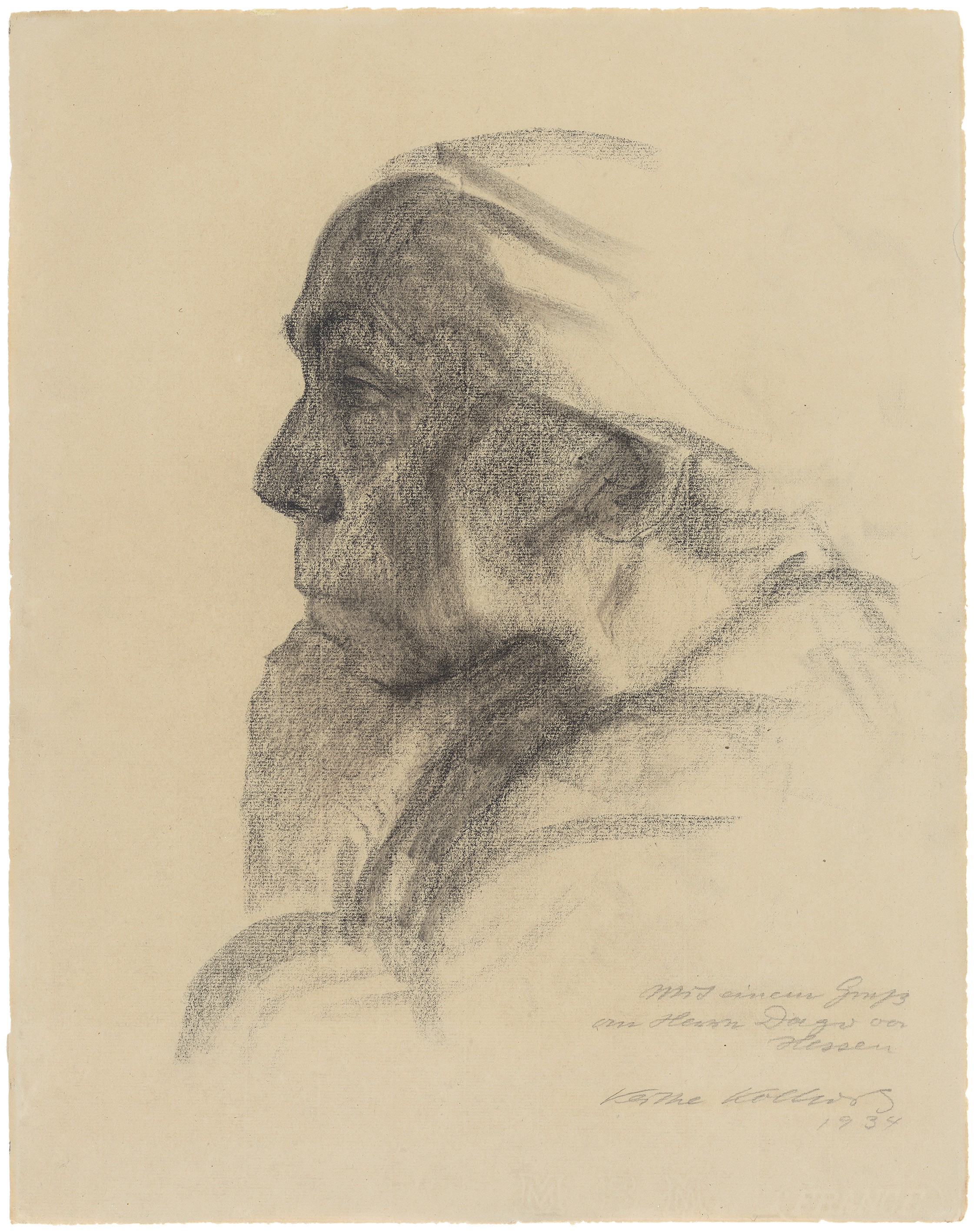 Käthe Kollwitz, Selbstbildnis, 1934, Kohle, laviert, auf Bütten, 457 x 360 mm, NT (1240a), Kollwitz Museum Köln, Inv. Nr. 70200/18001.