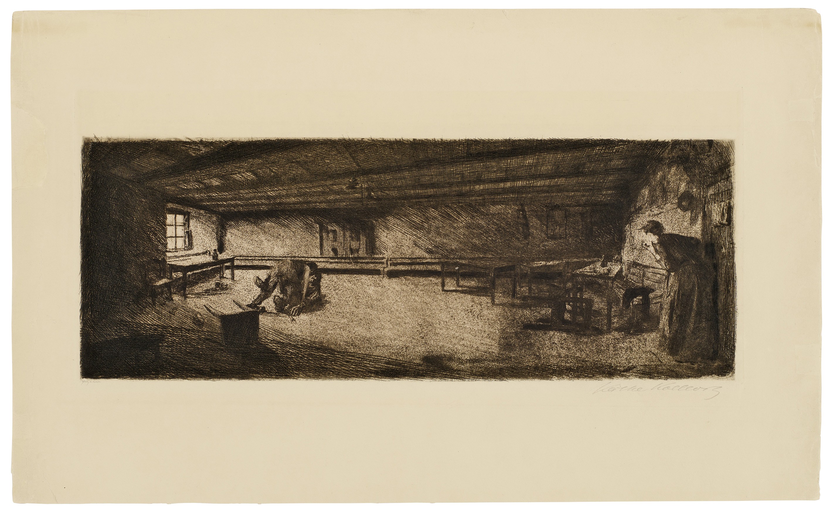 Käthe Kollwitz, Szene aus Germinal, 1893, Strichätzung, Kaltnadel und Schmirgel, 239 x 528 mm, Kn 19 III b, Kollwitz Museum Köln, Inv. Nr. 70300/89006.