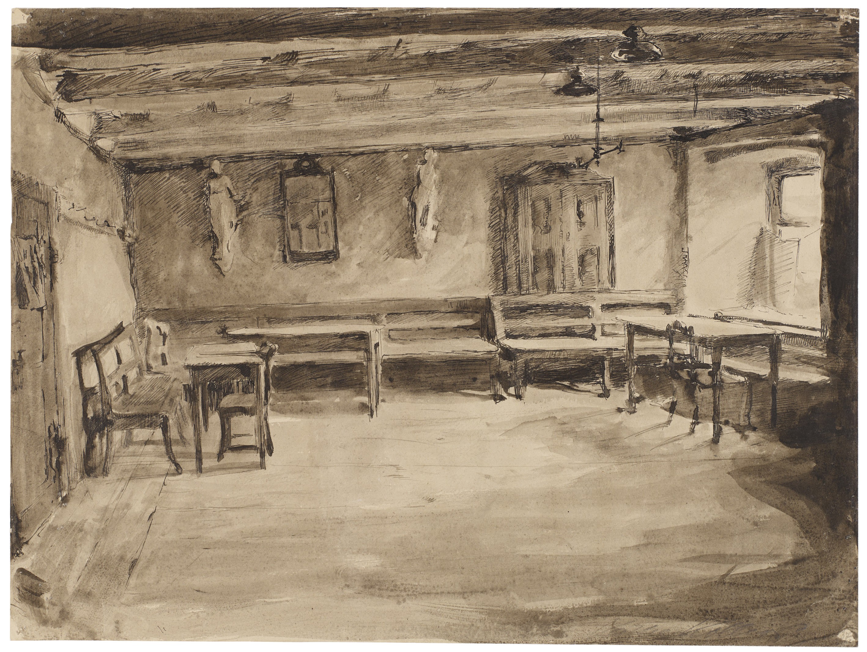 Käthe Kollwitz, Königsberger Kneipe, um 1891, Feder in Schwarz, grau laviert, auf Zeichenkarton, 348 x 465 mm, NT (52a), Kollwitz Museum Köln, Inv. Nr. 70200/96014.