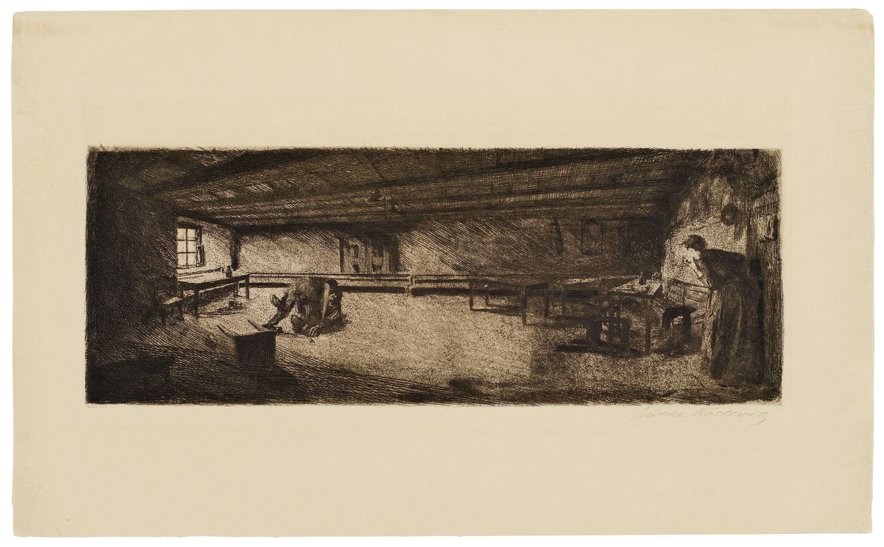 Käthe Kollwitz, Szene aus Germinal, 1893, Strichätzung, Kaltnadel und Schmirgel, 239 x 528 mm, Kn 19 III b, Kollwitz Museum Köln, Inv. Nr. 70300/89006.
