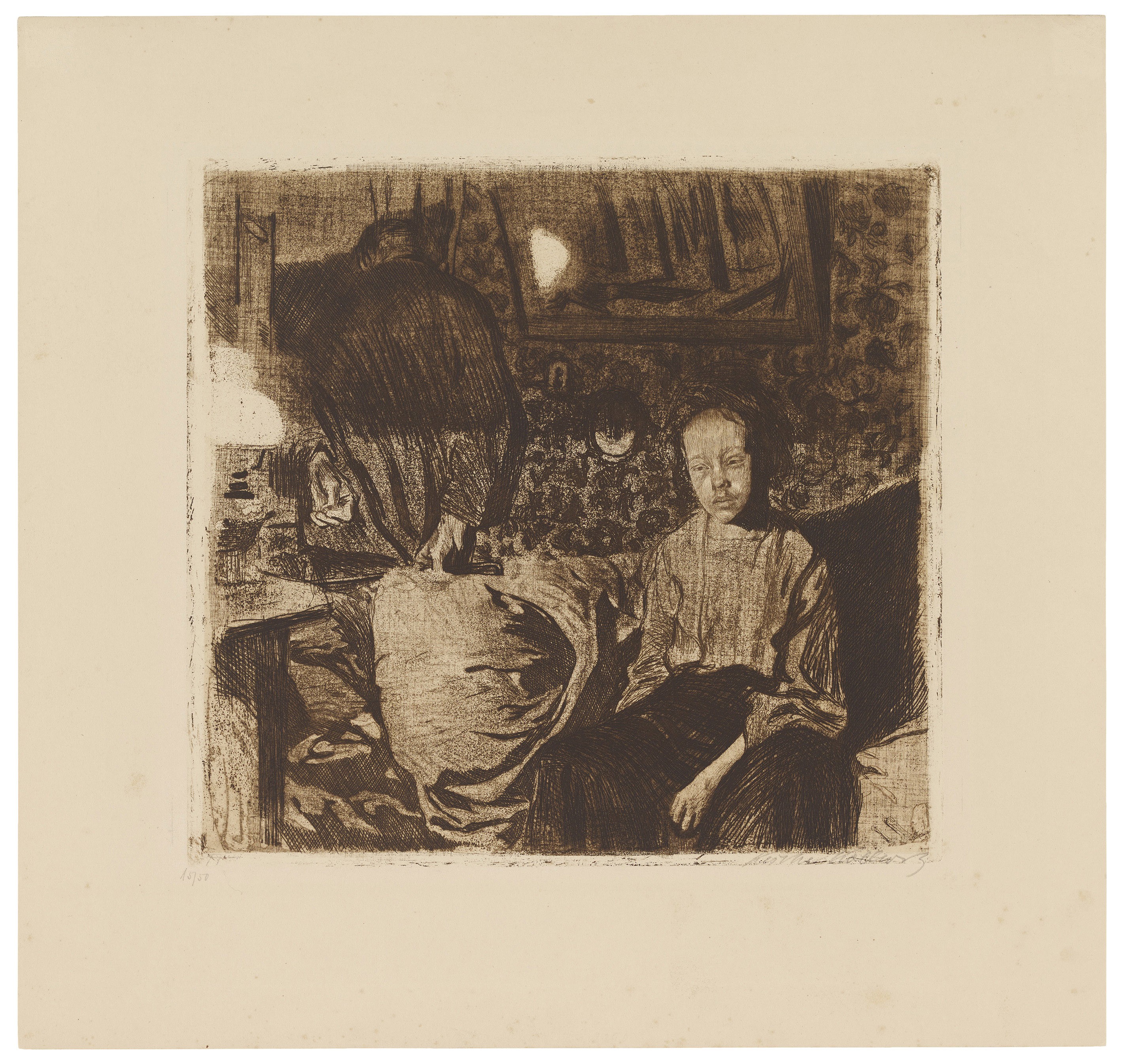 Käthe Kollwitz, Junges Paar, 1904 ?, Strichätzung, Schmirgel, Reservage und Vernis mou mit Stoffdurchdruck, 297 x 318 mm, Kn 83 III c, Kollwitz Museum Köln, Inv. Nr. 70300/85014.