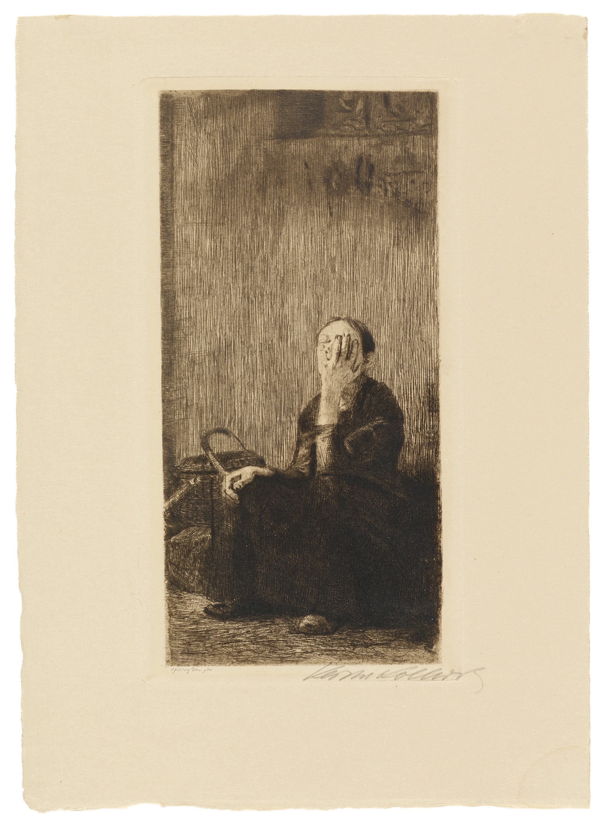 Käthe Kollwitz, An der Kirchenmauer, 1893, Strichätzung, Kaltnadel und Pinselätzung auf Japan, 250 x 133 mm, Kn 17 VI a, Kollwitz Museum Köln, Inv. Nr. 70300/86006.