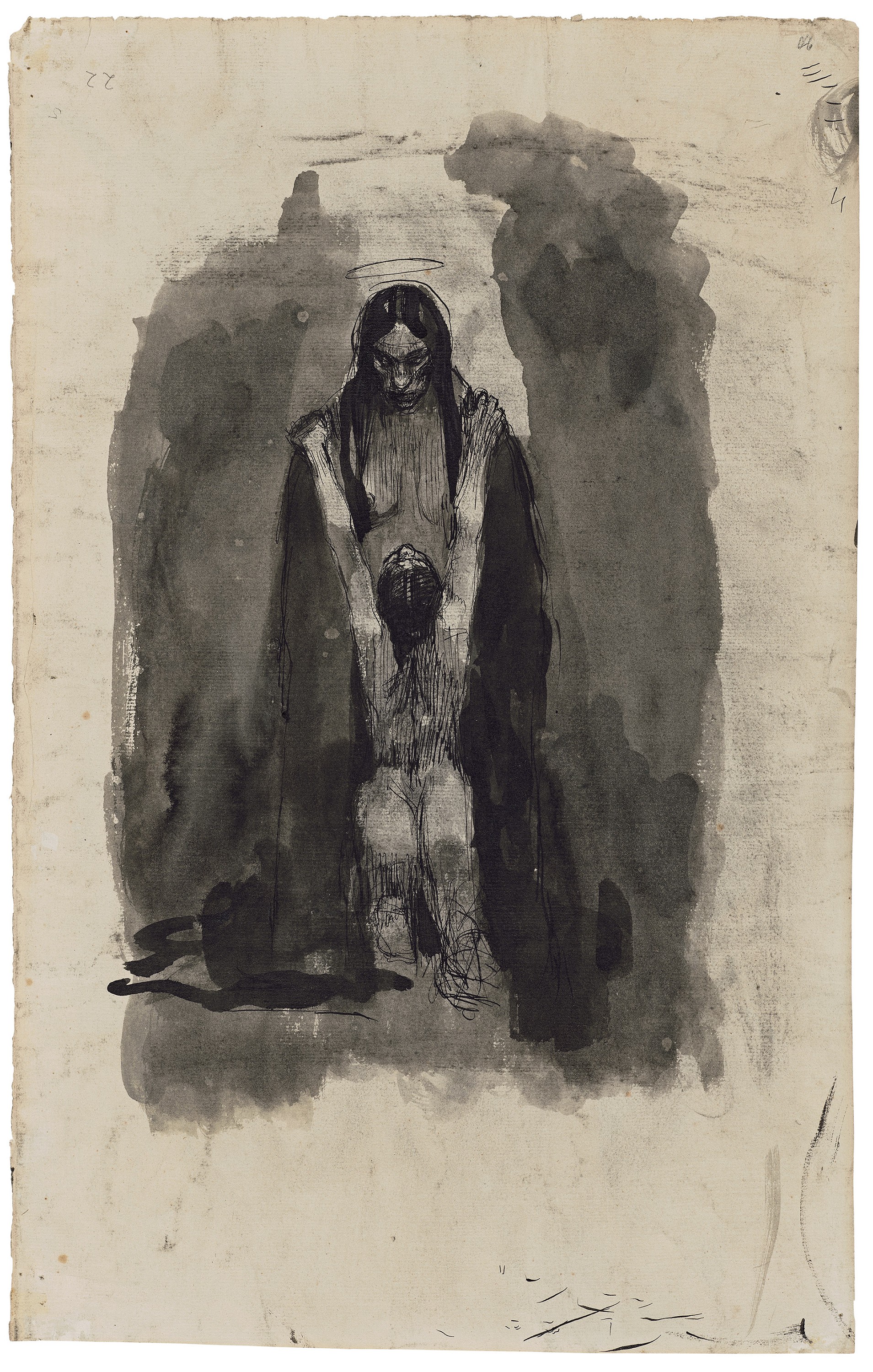 Käthe Kollwitz, Kniende vor weiblicher Gottheit, 1889, Feder und Pinsel in Tusche, auf Bütten, 480 x 305 mm, NT 16, Kollwitz Museum Köln, Dauerleihgabe aus Familienbesitz. 