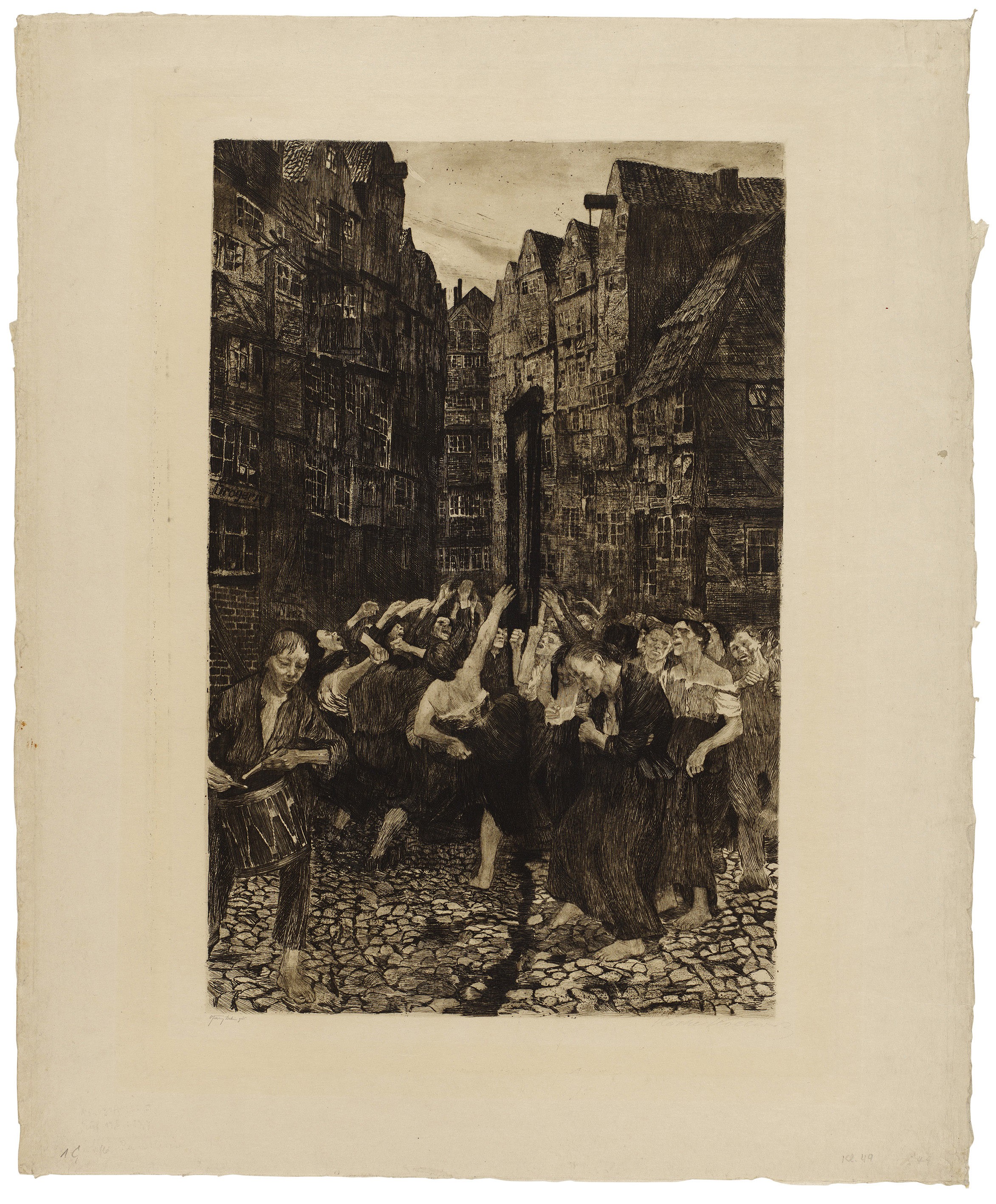 Käthe Kollwitz, Die Carmagnole, 1901, Strichätzung, Kaltnadel, Aquatinta bzw. Pinselätzung und Schmirgel, 588 x 412 mm, Kn 51 V b, Kollwitz Museum Köln, Inv. Nr. 70300/96010. 