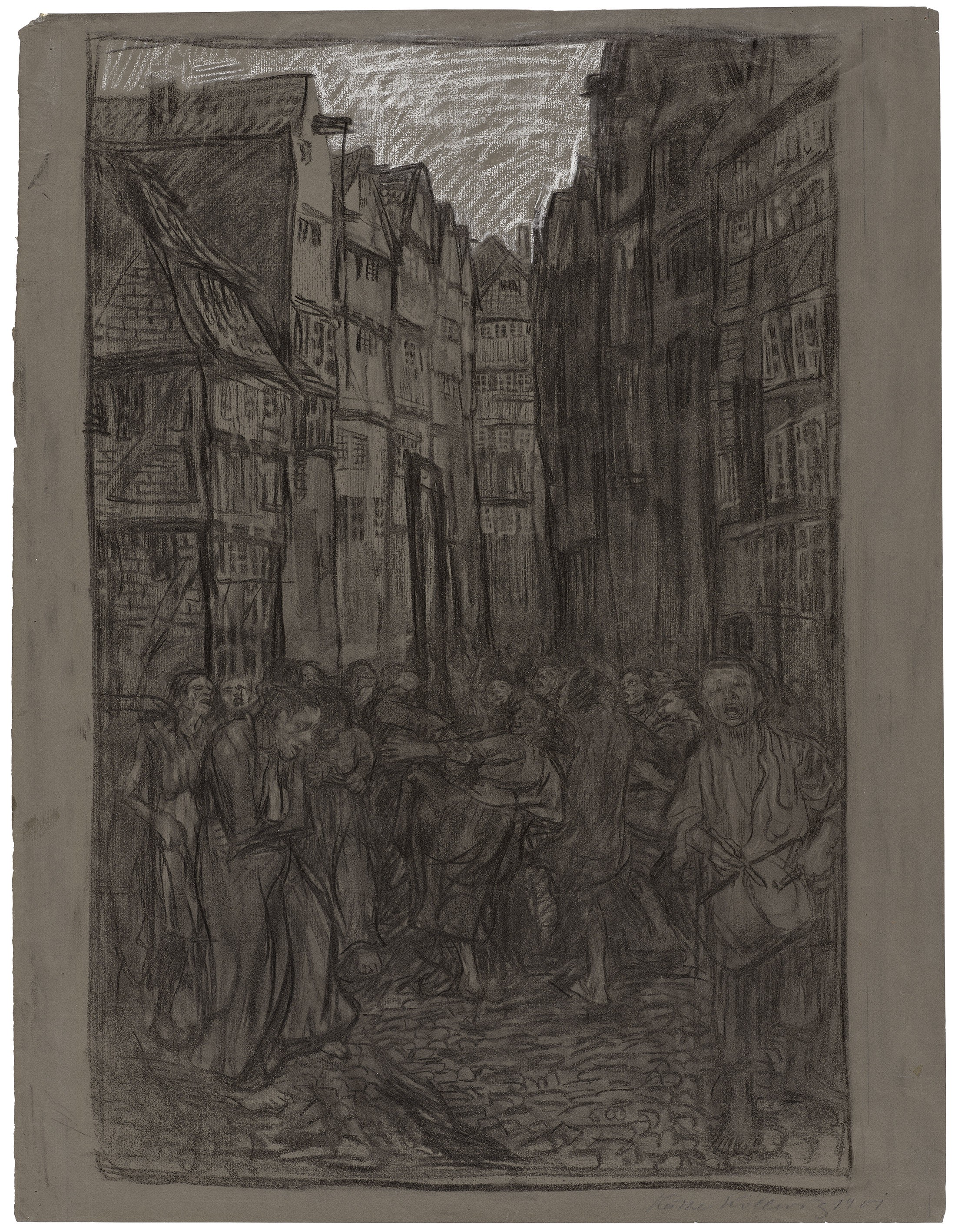 Käthe Kollwitz, Tanz um die Guillotine, 1901, Pinsel in Tusche, Kohle, weiß gehöht, auf dunkelgrauem Ingres-Papier, 557 x 428 mm, NT 178, Kollwitz Museum Köln, Inv. Nr. 70200/24003.
