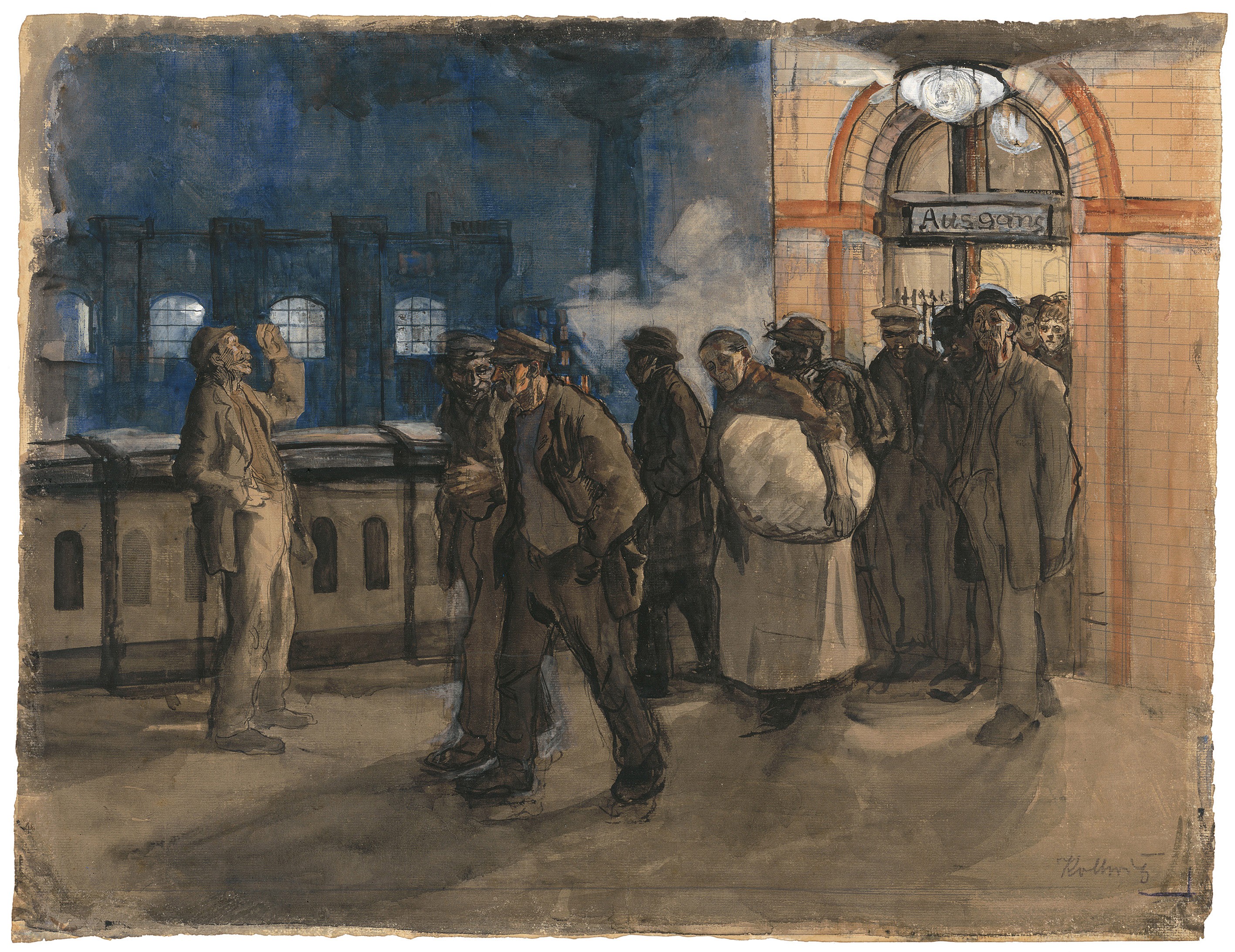 Käthe Kollwitz, Arbeiter vom Bahnhof kommend (Bf Prenzlauer Allee), 1897–99, Pinsel in Wasserfarben, weiß gehöht, 540 x 400 mm, NT 146, Kollwitz Museum Köln, Inv. Nr. 70200/97002. 