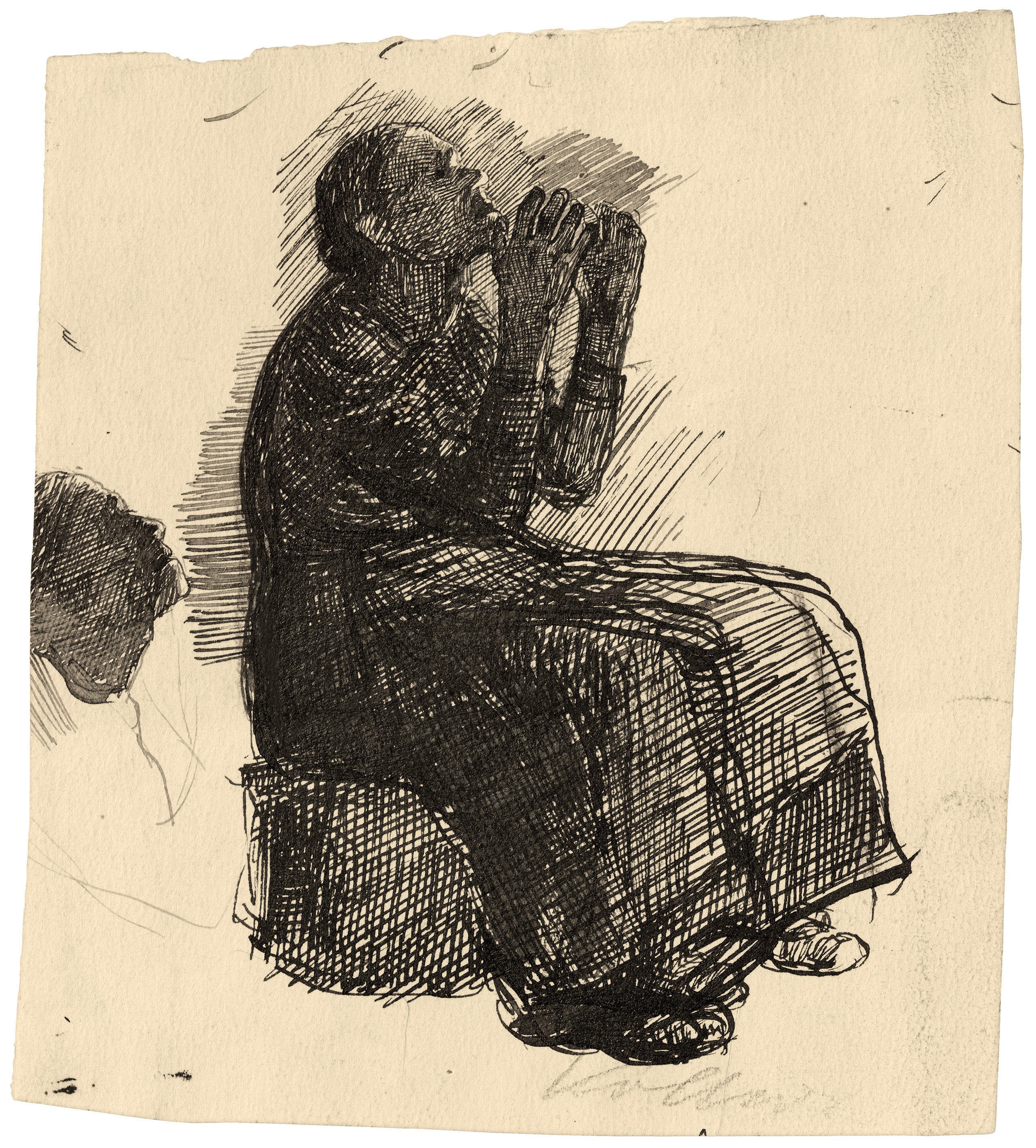 Käthe Kollwitz, Sitzende Frau mit klagend erhobenen Armen, 1895, Feder und Tusche auf weißem Zeichenpapier, 155 x 141 mm, NT 116, Kollwitz Museum Köln, Inv. Nr. 70200/83003. 