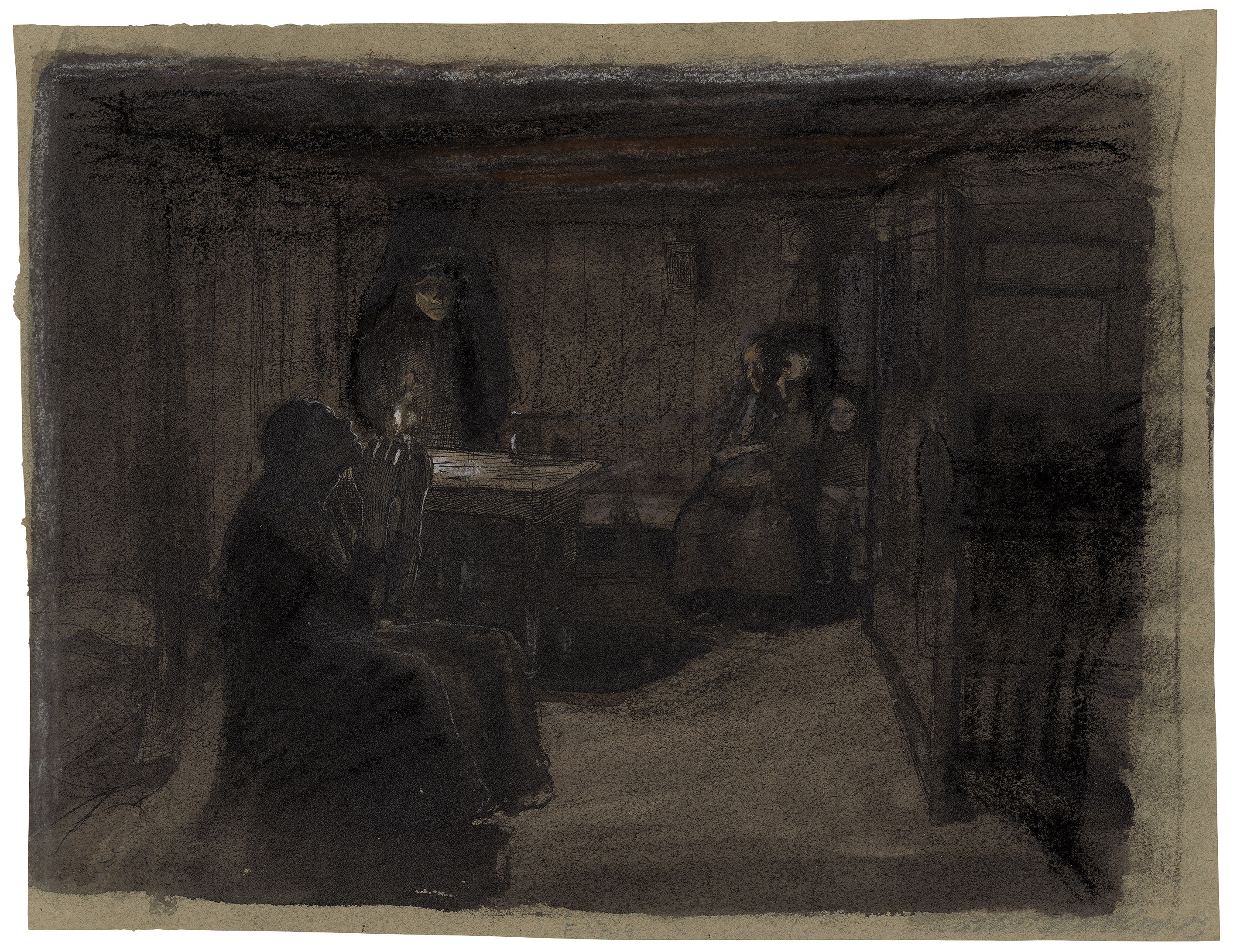 Käthe Kollwitz, Vorstudie zu »Not«, 1893, schwarze Feder, laviert, schwarze und braune Kreide, weiß gehöht, 315 x 410 mm, NT (116a), Kollwitz Museum Köln, Inv. Nr. 70200/06001.