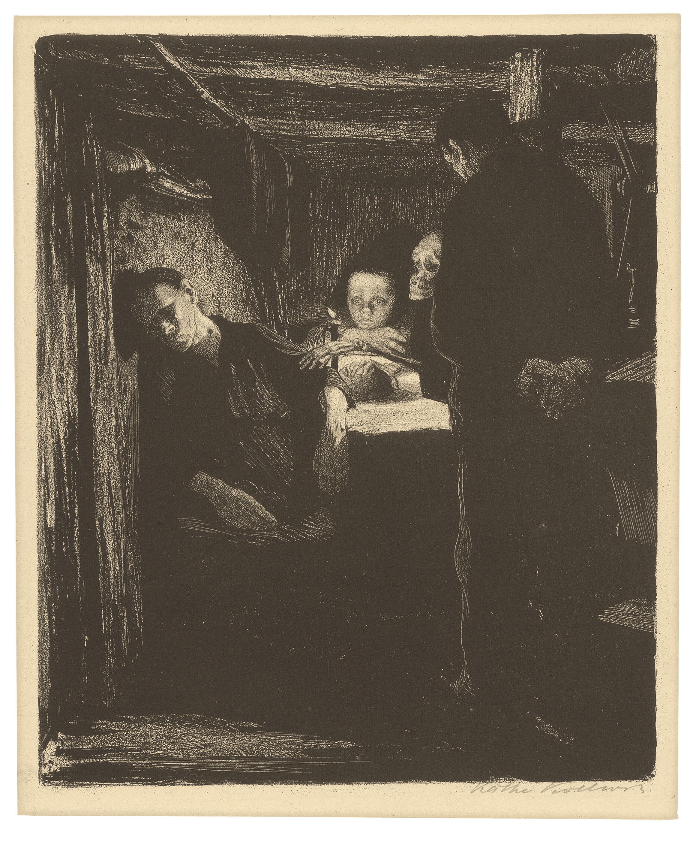 Käthe Kollwitz, Tod, Blatt 2 aus dem Zyklus »Ein Weberaufstand«, 1893–97, Kreide-, Feder- und Pinsellithografie, Schabeisen und Schabnadel, 223 x 185 mm, Kn 34 A b, Kollwitz Museum Köln, Inv. Nr. 70300/90043.