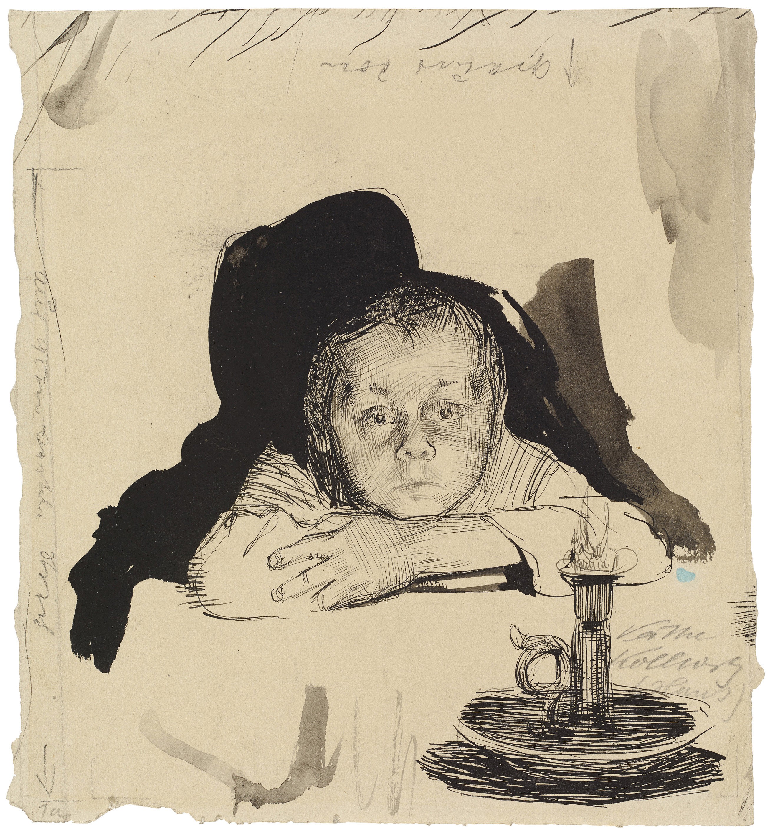 Käthe Kollwitz, Hans Kollwitz mit Kerze, 1895, Feder und Pinsel in Tusche über Bleistift auf Papier, 192 x 174 mm, NT 115, Kollwitz Museum Köln, Inv. Nr. 70200/91002.