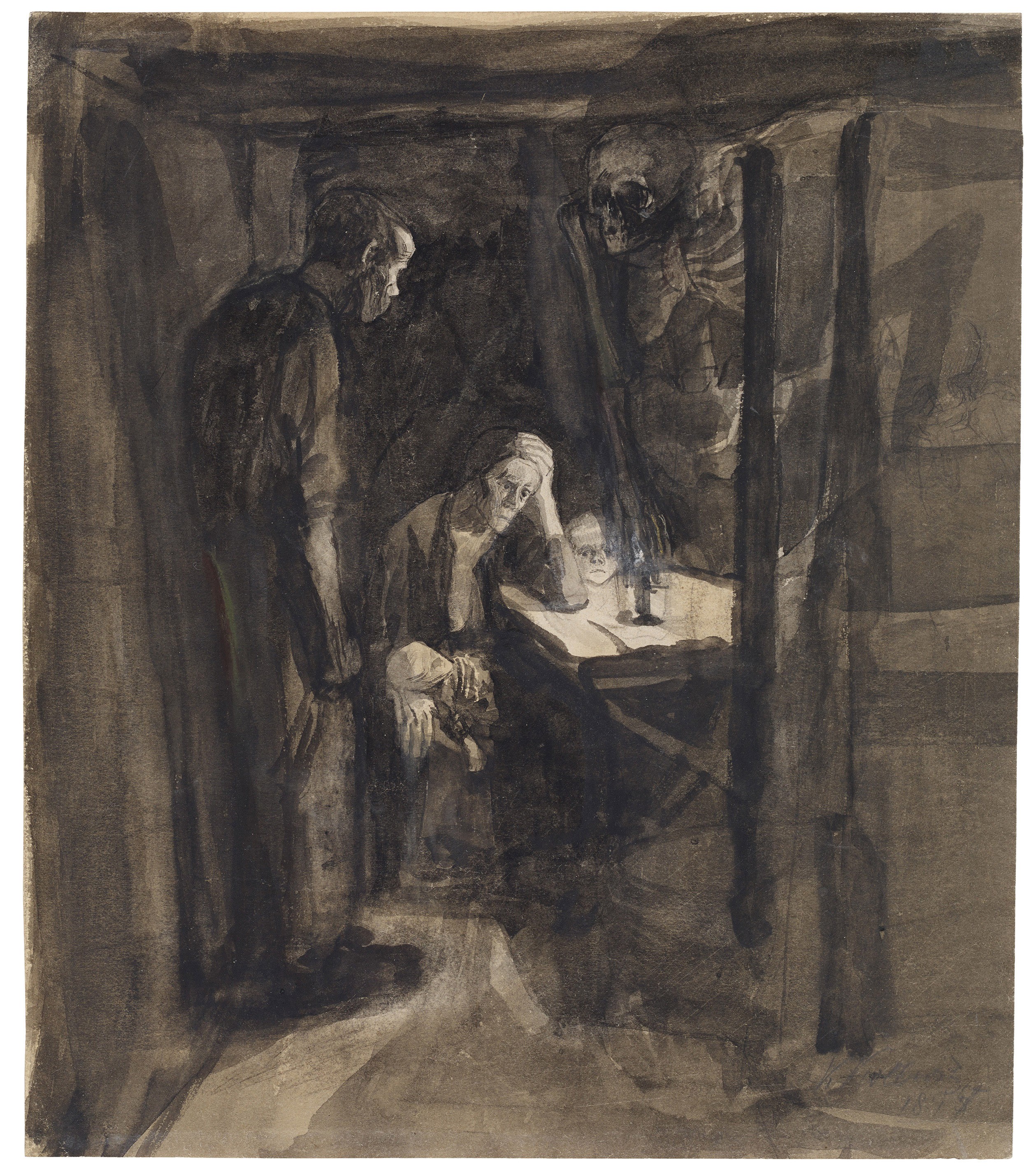 Käthe Kollwitz, Tod, Vorstudie zu Blatt 2 des Zyklus »Ein Weberaufstand«, 1897, Pinsel und Feder in Tusche über Bleistift, stellenweise mit Deckweiß und Pastell überarbeitet, auf Velin, 255 x 220 mm, NT 137, Kollwitz Museum Köln, Inv. Nr. 70200/98005.