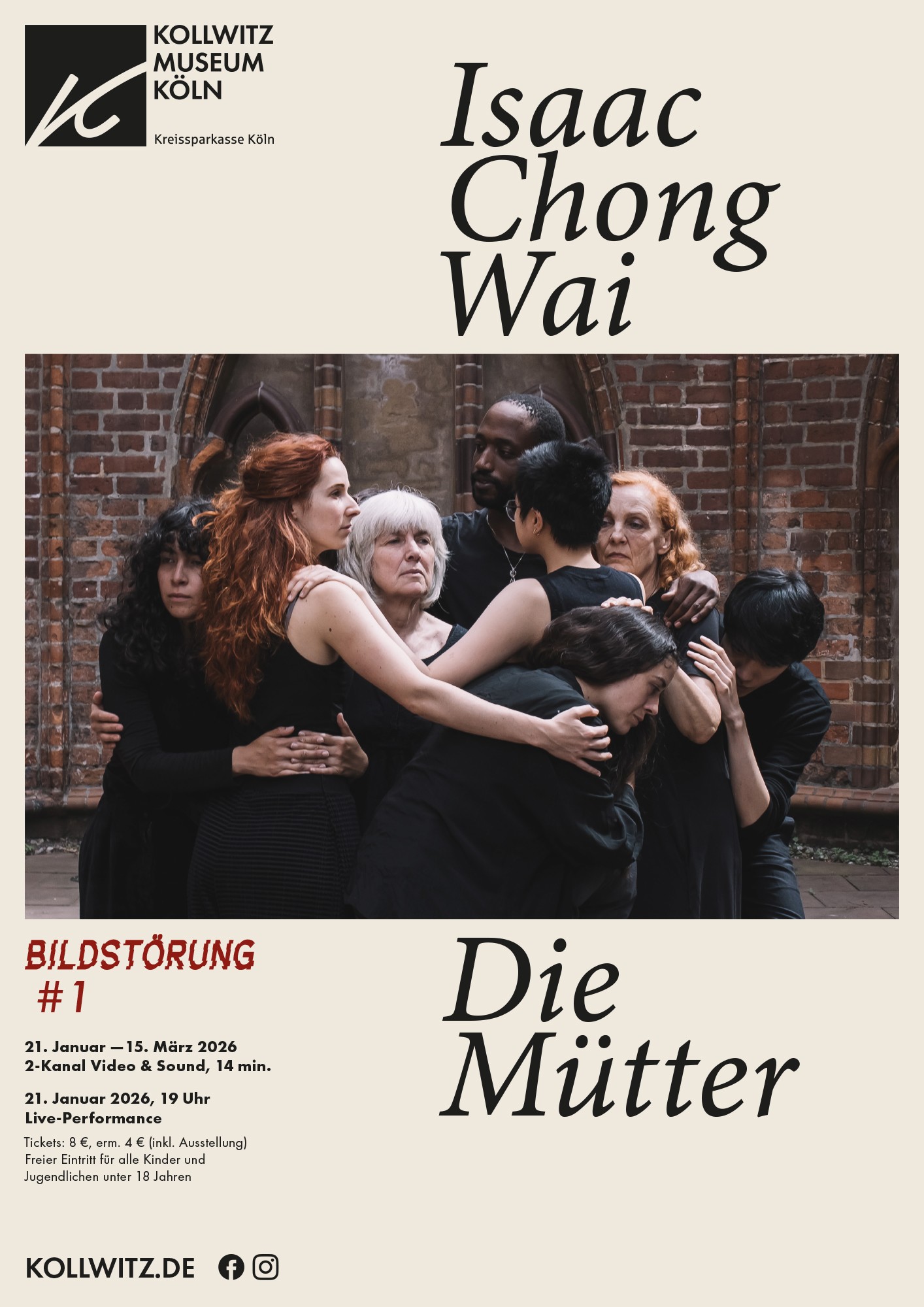 ISAAC CHONG WAI, Plakat zur Bildstörung # 1, 21.1.— 15.3.2026, Motiv: Isaac Chong Wai, Die Mütter, 2022, Foto © Victoria Tomaschko, ifa-Institut für Auslandsbeziehungen. Courtesy of the artist, Blindspot Gallery and Zilberman, Istanbul | Berlin, Gestaltung: Christian Nitz