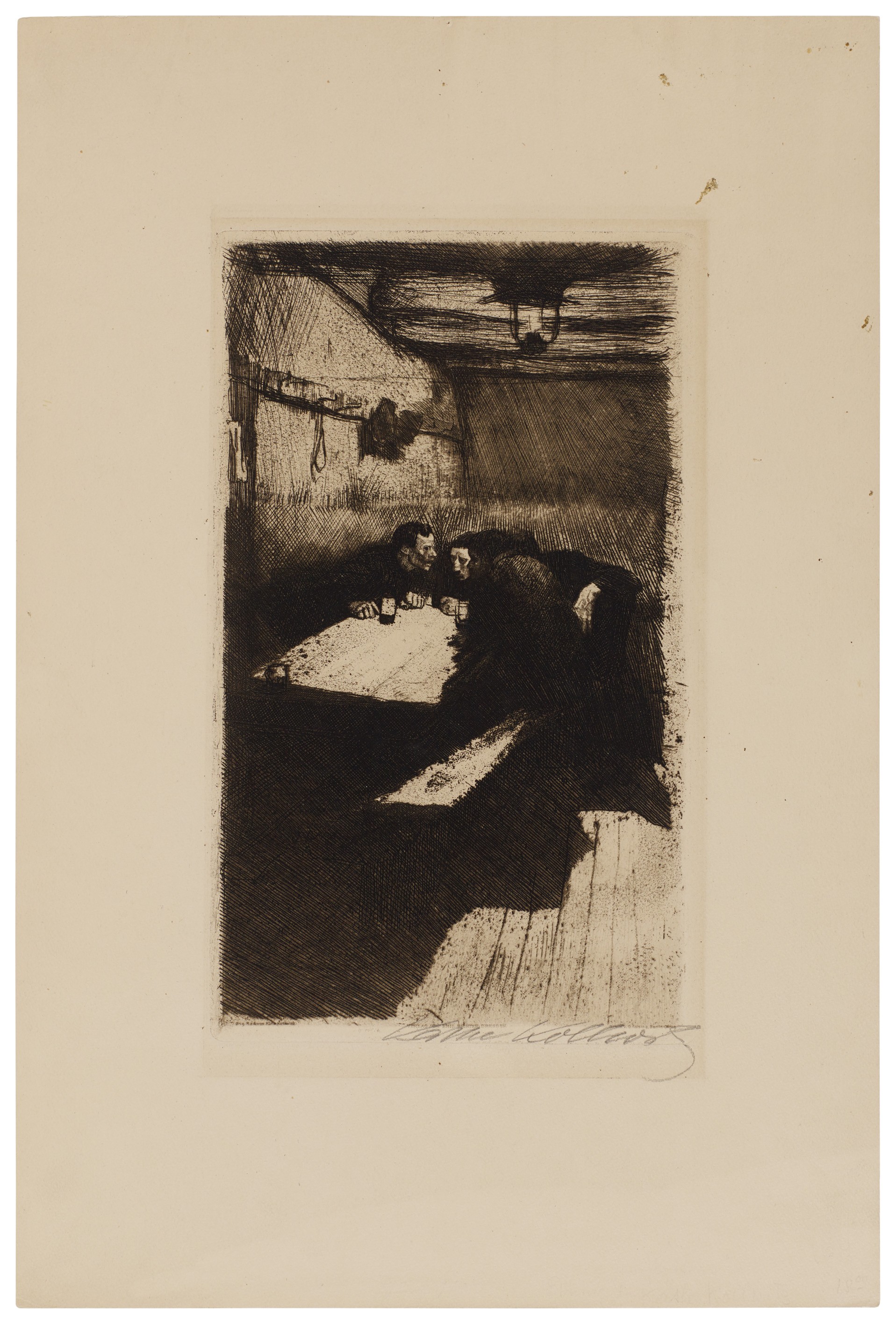Käthe Kollwitz, Beratung, verworfene erste Fassung von Blatt 3 des Zyklus »Ein Weberaufstand«, zw. 1893 und 1897, Strichätzung, Kaltnadel und Schmirgel, 296 x 180 mm, Kn 28 V, Kollwitz Museum Köln, Inv. Nr. 70300/84001.