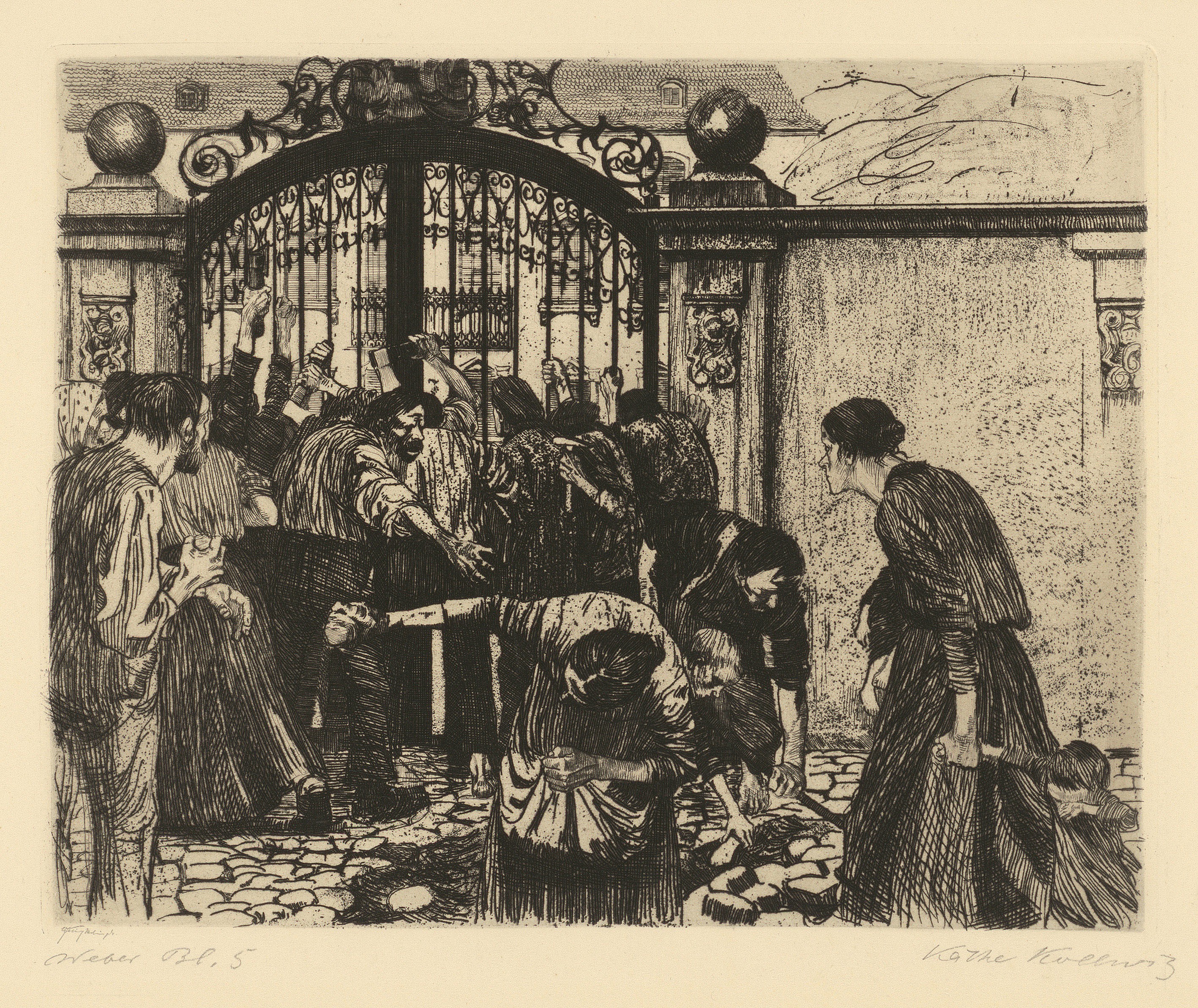 Käthe Kollwitz, Sturm, Blatt 5 aus dem Zyklus »Ein Weberaufstand«, 1893–97, Strichätzung und Schmirgel, 238 x 295 mm, Kn 37 II a, Kollwitz Museum Köln, Inv. Nr. 70300/84003.
