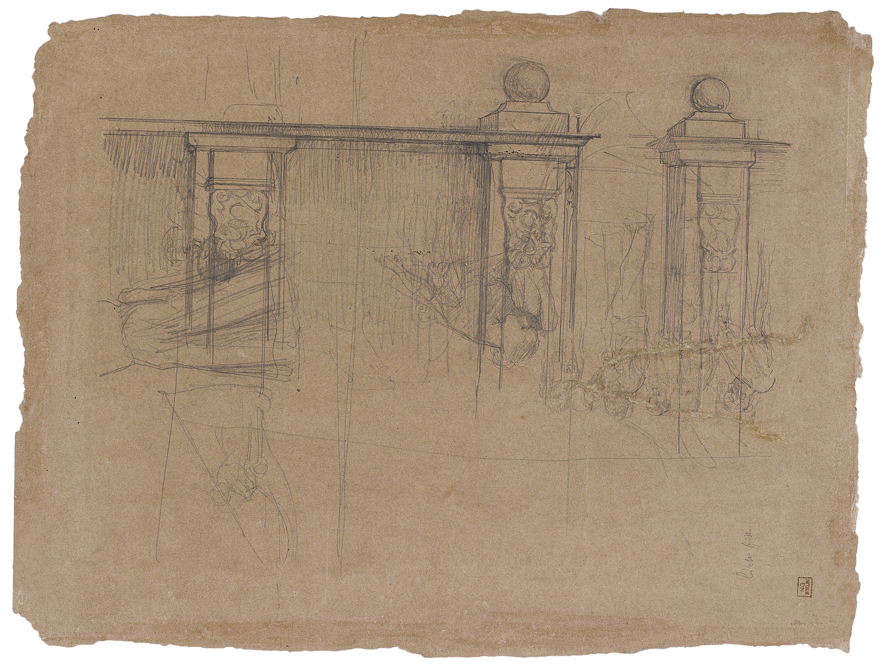 Käthe Kollwitz, Gartenmauer mit Eingangsportal, um 1896, Bleistift und Feder in Schwarz auf braunem Karton, 388 x 505 mm, NT 135a, Kollwitz Museum Köln, Inv. Nr. 70200/98011.