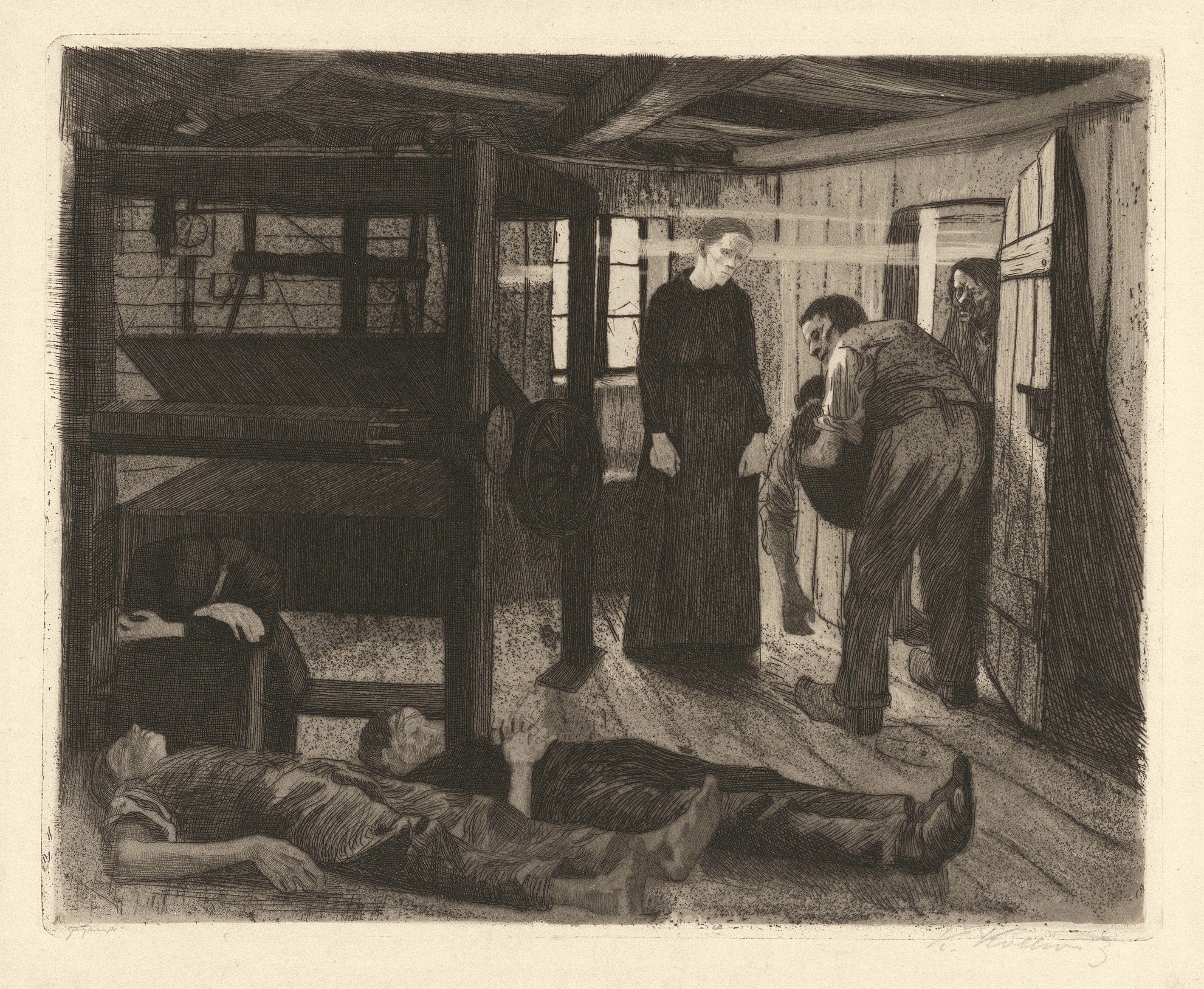 Käthe Kollwitz, Ende, Blatt 6 aus dem Zyklus »Ein Weberaufstand«, 1893–97, Strichätzung, Aquatinta, Schmirgel und Polierstahl, 247 x 307 mm, Kn 38 II a, Kollwitz Museum Köln, Inv. Nr. 70300/84008.